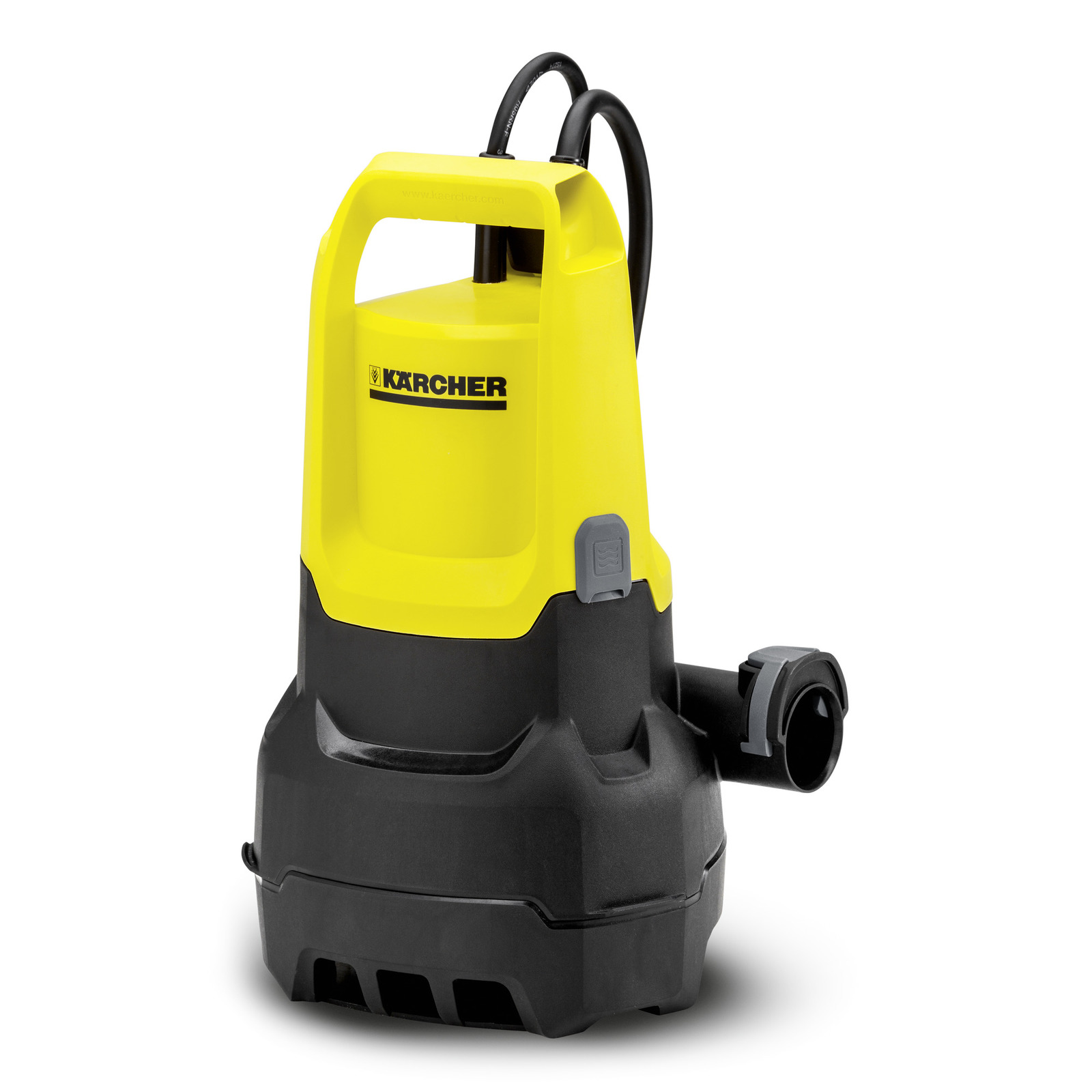 Yellow Kärcher submersible pump with black base and handle, featuring a hose connector on the side.