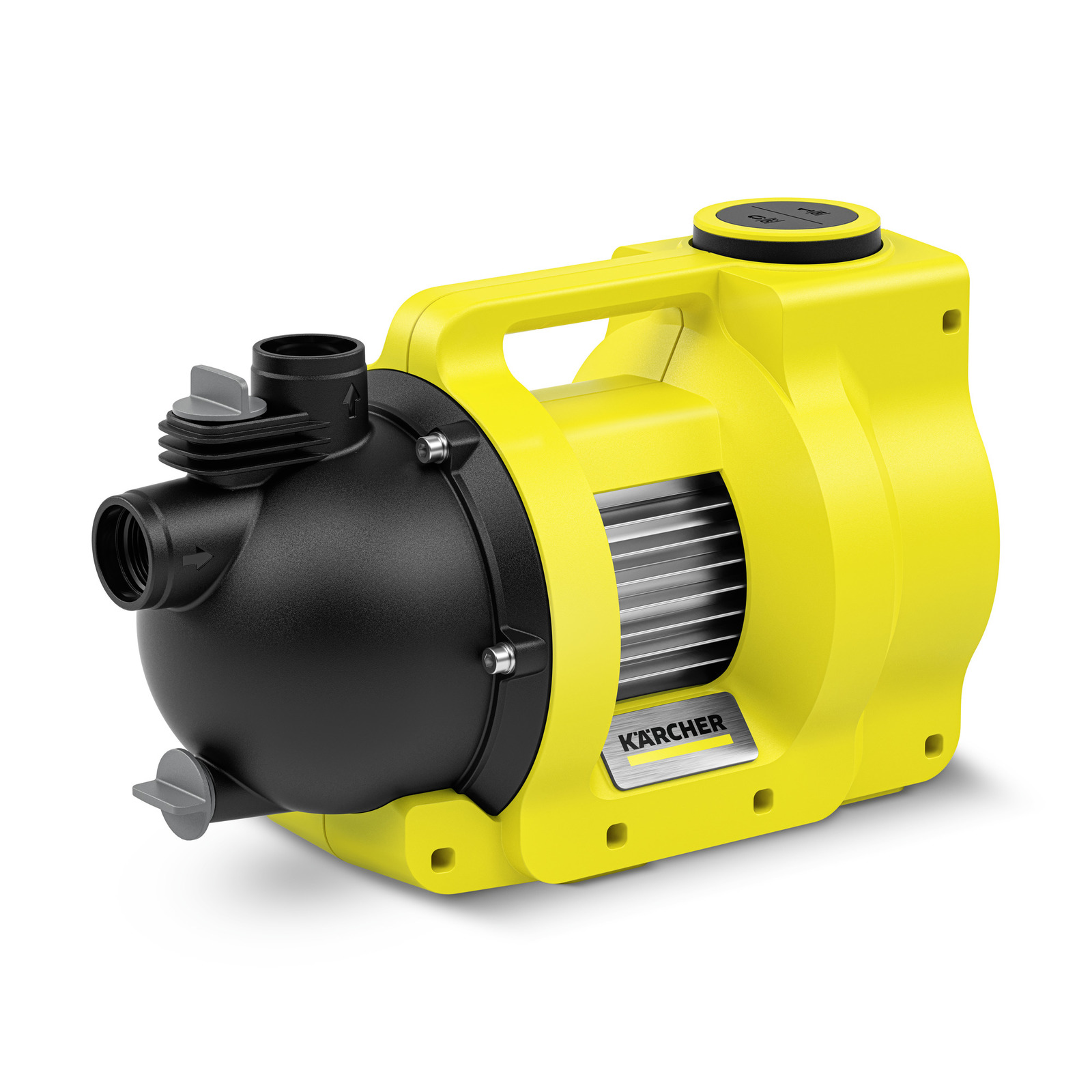 Yellow Kärcher water pump with black inlet and outlet, featuring a handle and visible branding on the side.