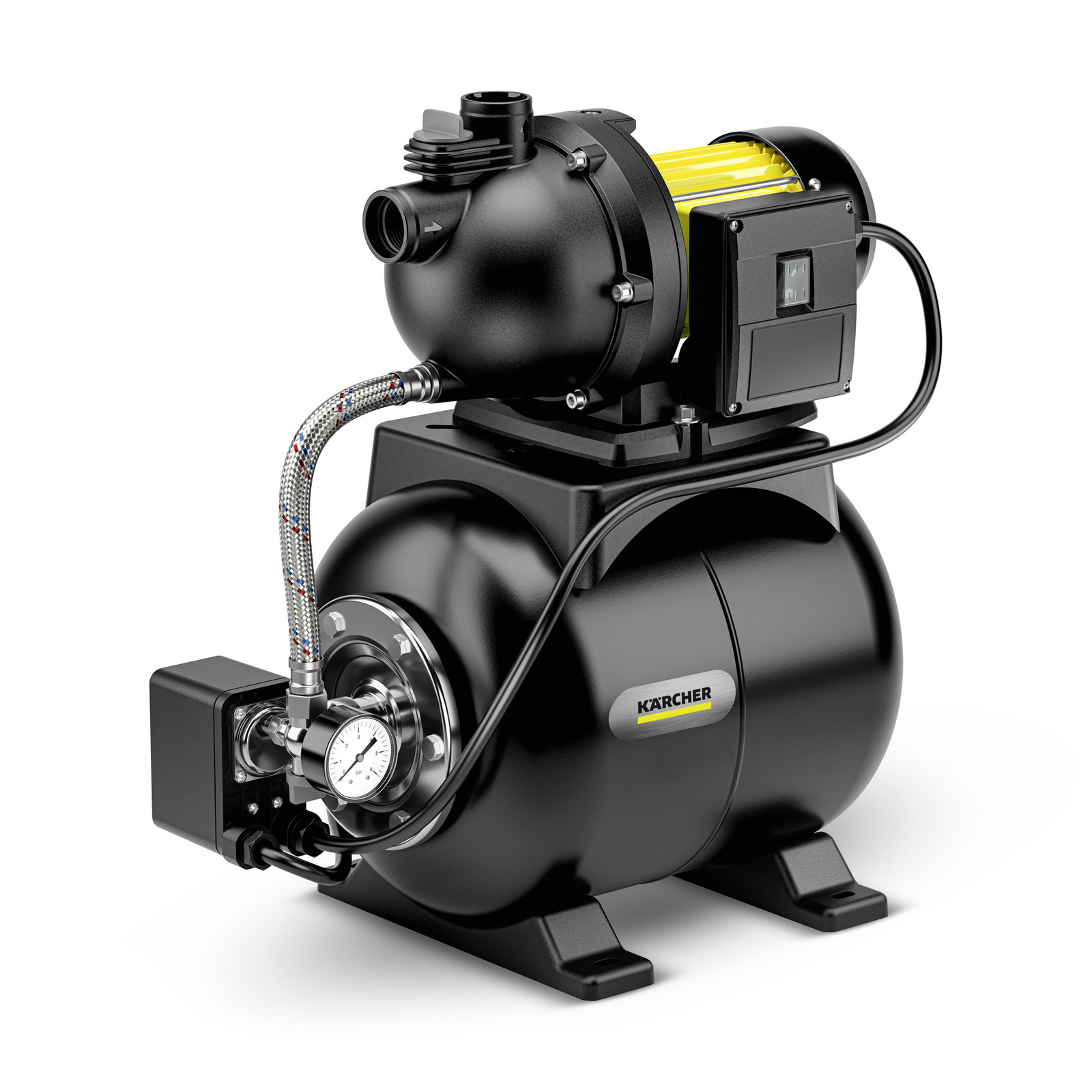 Kärcher water pump with black tank, pressure gauge, and yellow motor, connected by hoses. Kärcher water pump with black tank, pressure gauge, and yellow motor, connected by hoses.