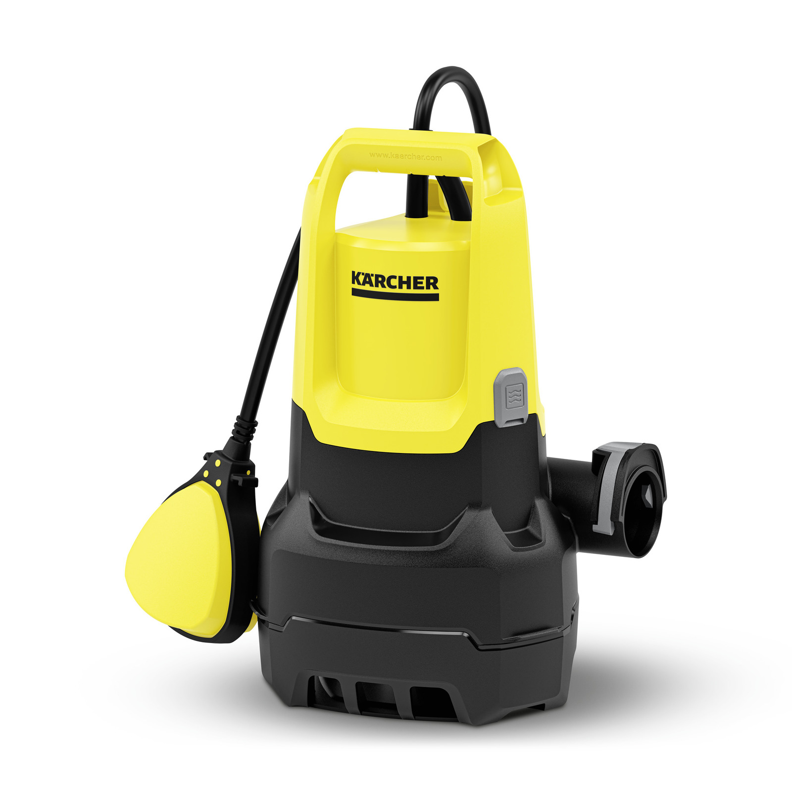 Yellow and black Kärcher submersible pump with a handle and attached float switch, set against a white background. Yellow and black Kärcher submersible pump with a handle and attached float switch, set against a white background.