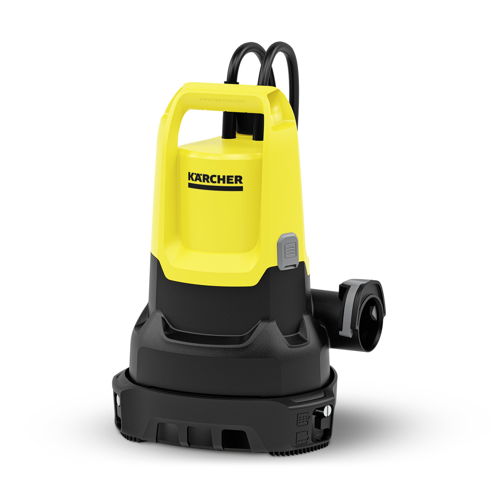 Yellow and black Kärcher submersible pump with a handle and power cable, designed for water drainage.
