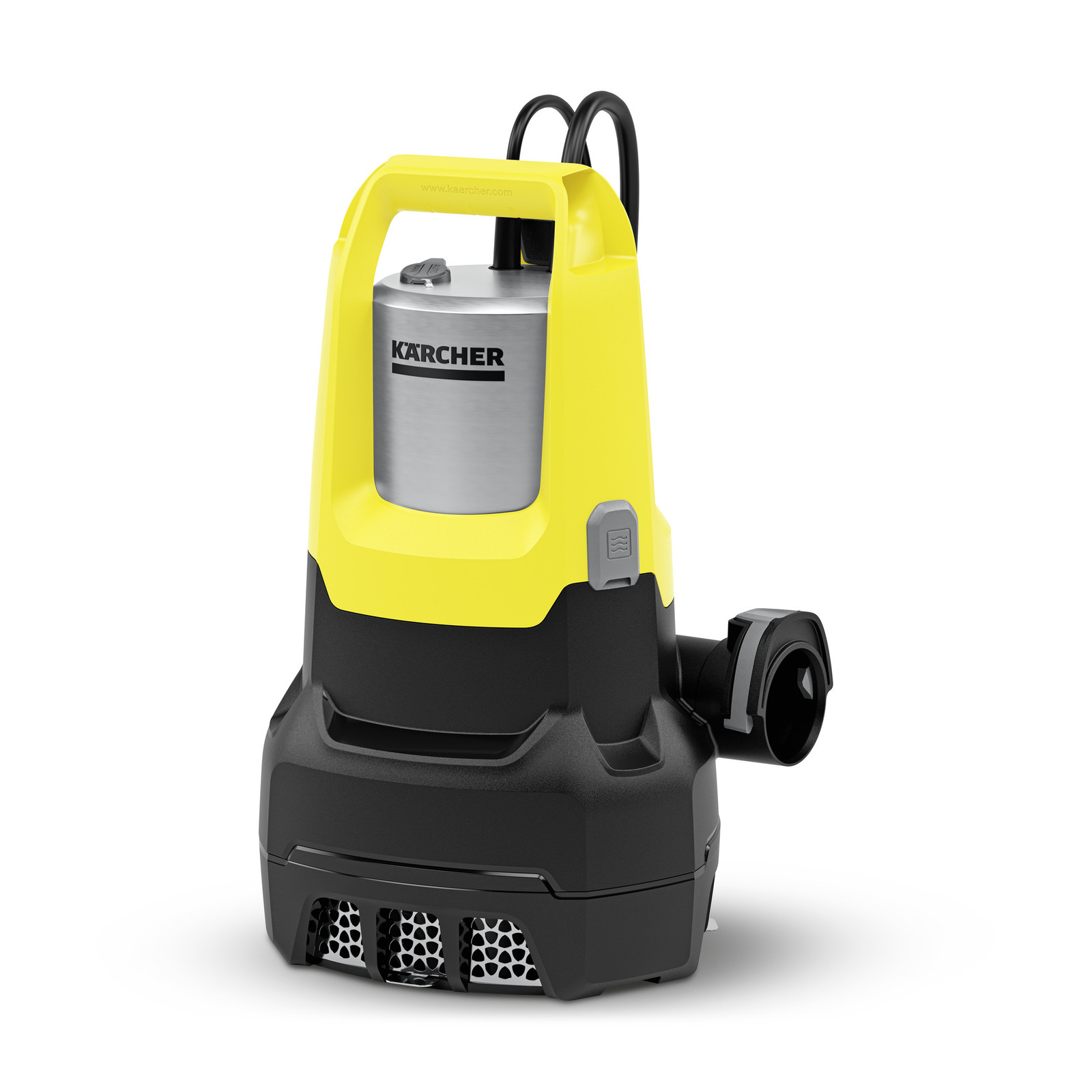 Kärcher submersible pump with yellow and black casing, featuring a stainless steel top and a side outlet.