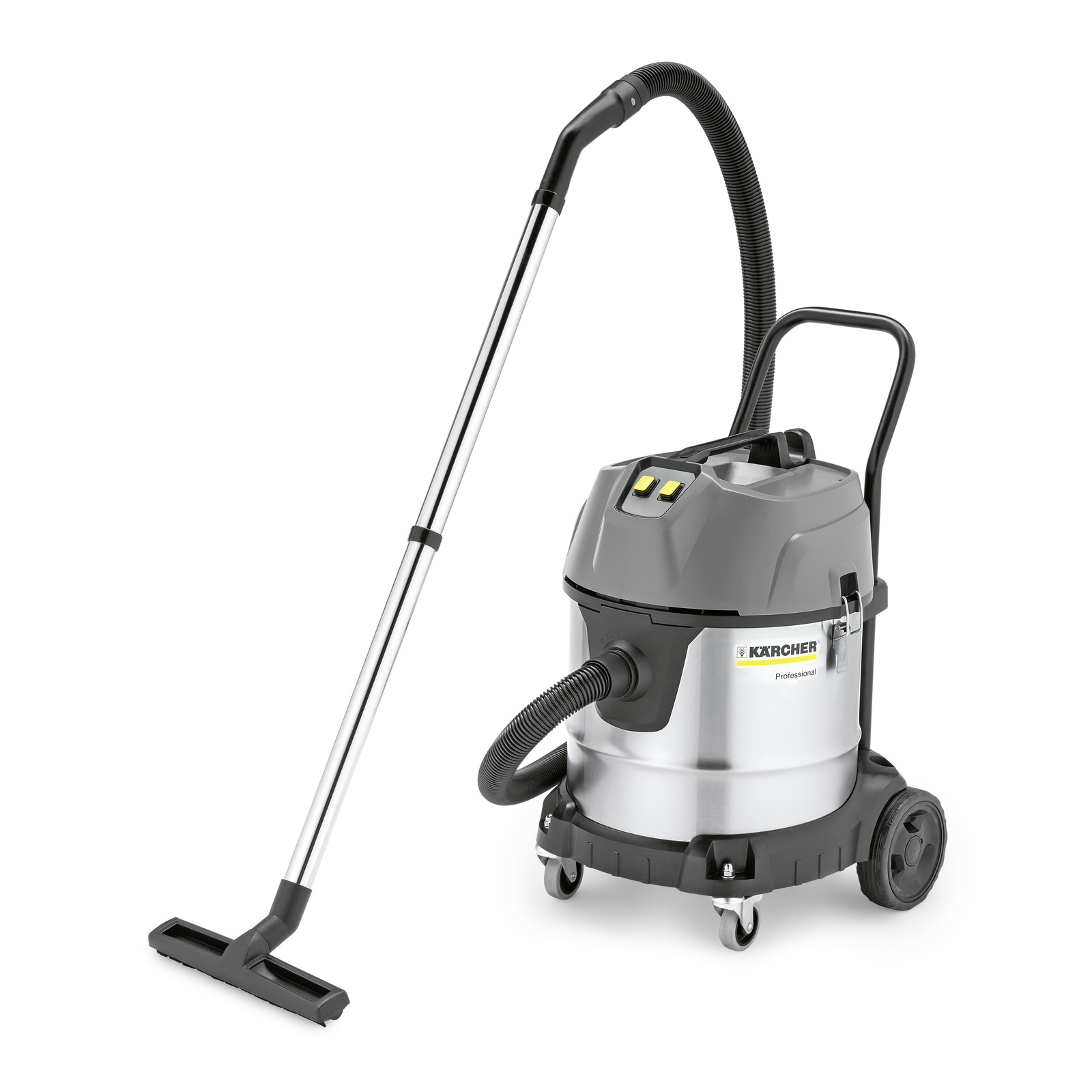 Aspirador industrial Kärcher com corpo metálico, mangueira longa e rodas para fácil movimentação.