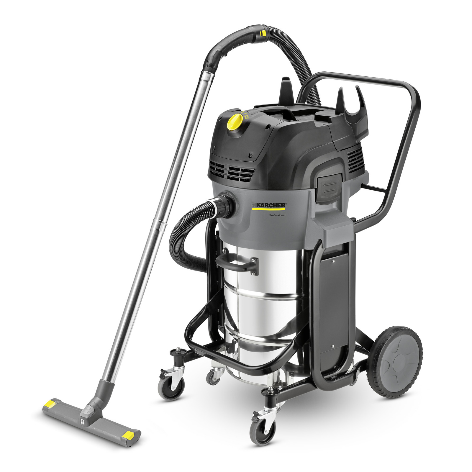 Aspirator industrial Kärcher cu rezervor metalic, furtun flexibil și roți pentru mobilitate. Aspirator industrial Kärcher cu rezervor metalic, furtun flexibil și roți pentru mobilitate.