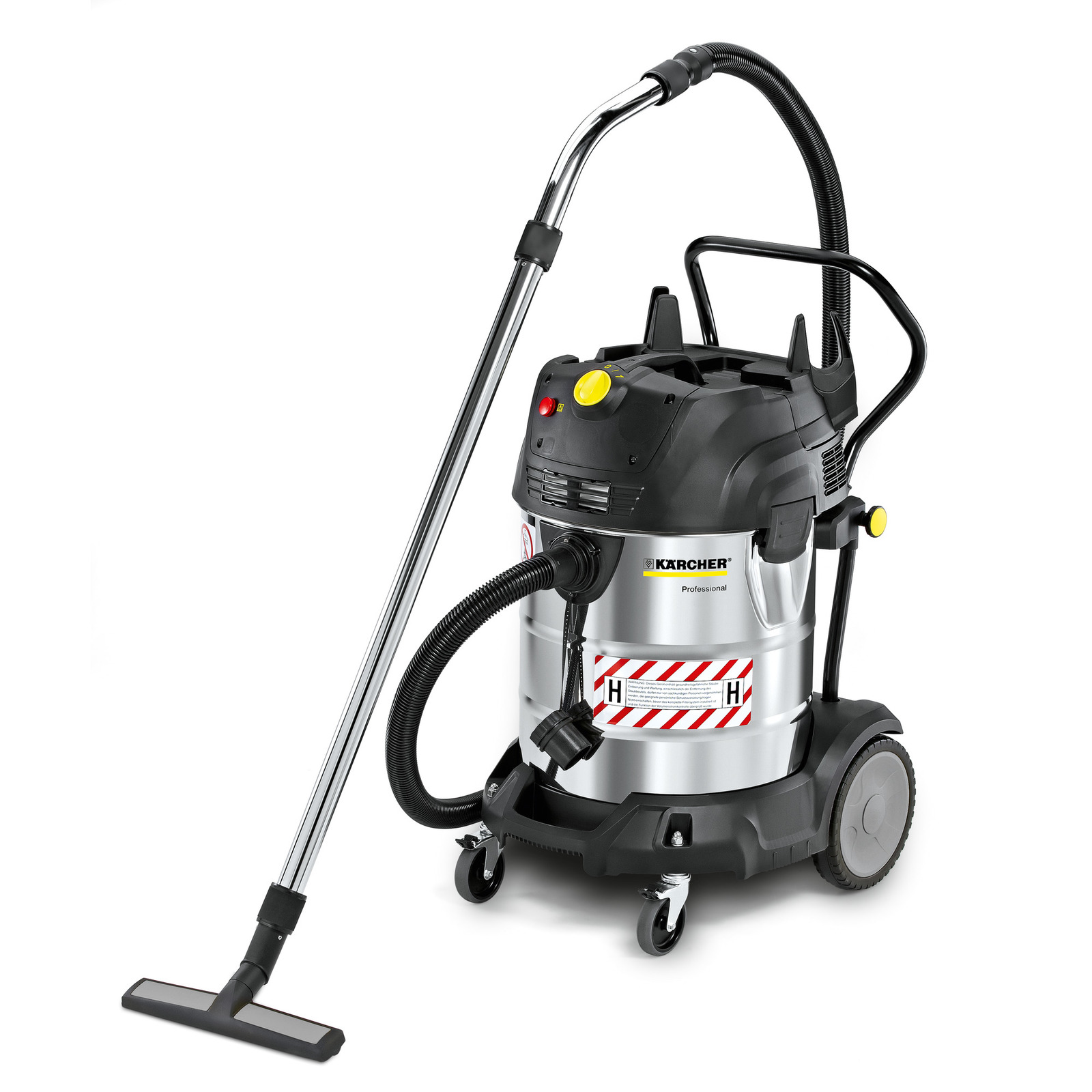 Kärcher professional wet and dry vacuum cleaner with a metal drum, hose, and wheels, featuring a yellow control knob and warning labels.