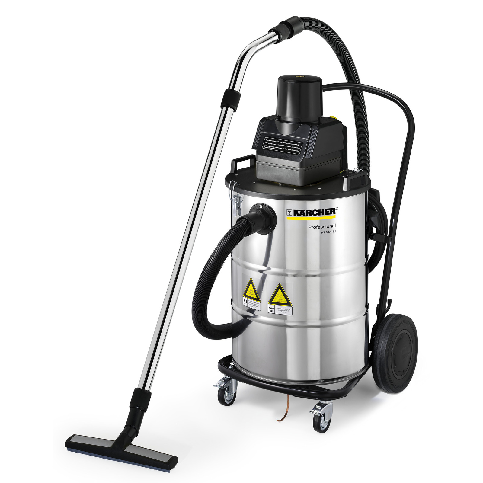 Kärcher professional wet and dry vacuum cleaner with stainless steel body, black hose, and wheels for mobility. Kärcher professional wet and dry vacuum cleaner with stainless steel body, black hose, and wheels for mobility.