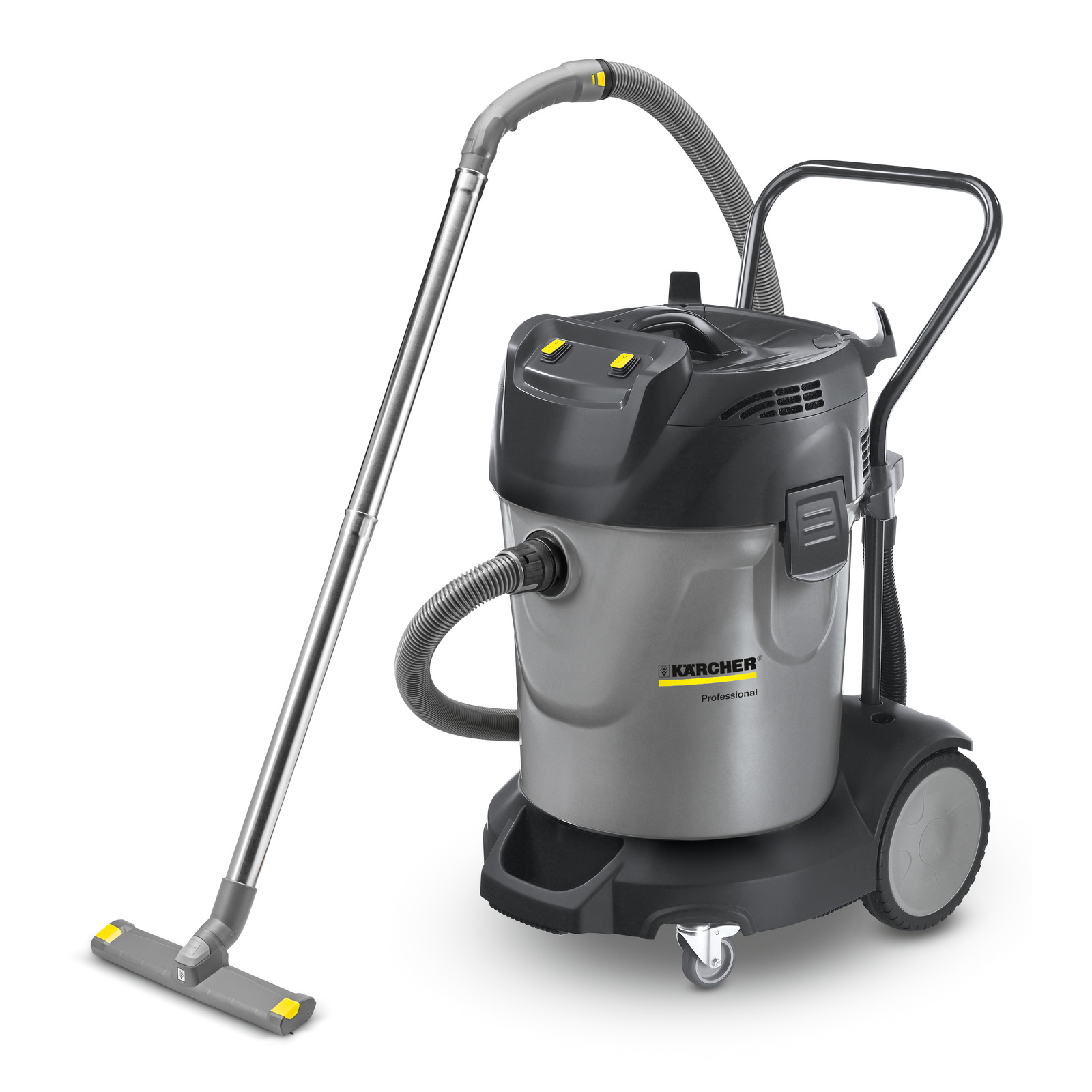 Kärcher professional wet and dry vacuum cleaner with a grey and black body, hose, and floor nozzle. Kärcher professional wet and dry vacuum cleaner with a grey and black body, hose, and floor nozzle.
