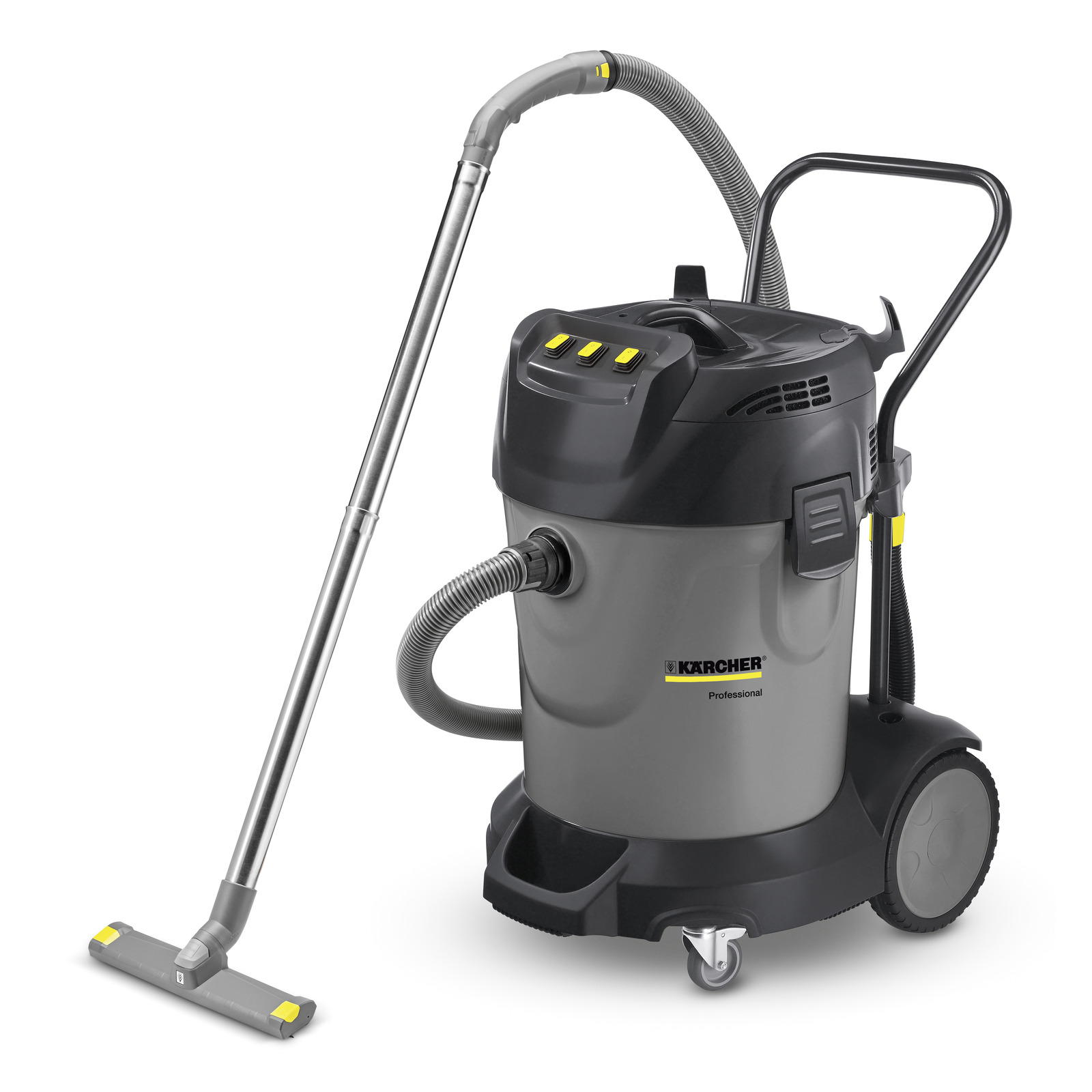 Kärcher professional wet and dry vacuum cleaner with a grey body, black top, and attached hose. Kärcher professional wet and dry vacuum cleaner with a grey body, black top, and attached hose.