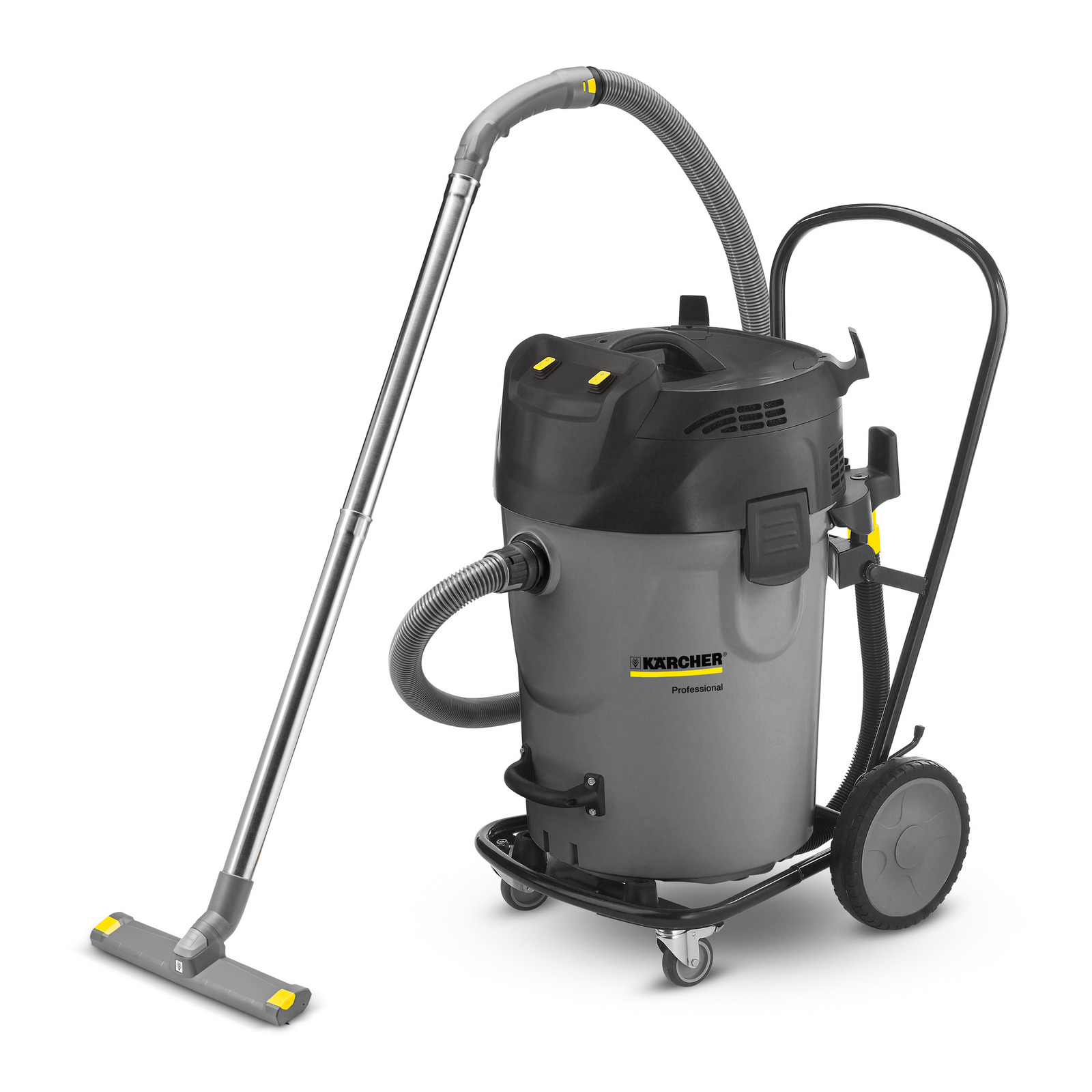 Kärcher professional wet and dry vacuum cleaner with a grey body, black top, and attached hose on wheels. Kärcher professional wet and dry vacuum cleaner with a grey body, black top, and attached hose on wheels.