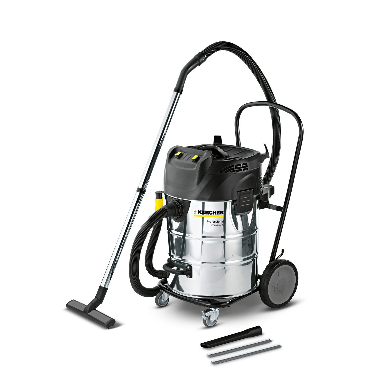 Kärcher wet and dry vacuum cleaner with hose, wheels, and attachments on a white background.