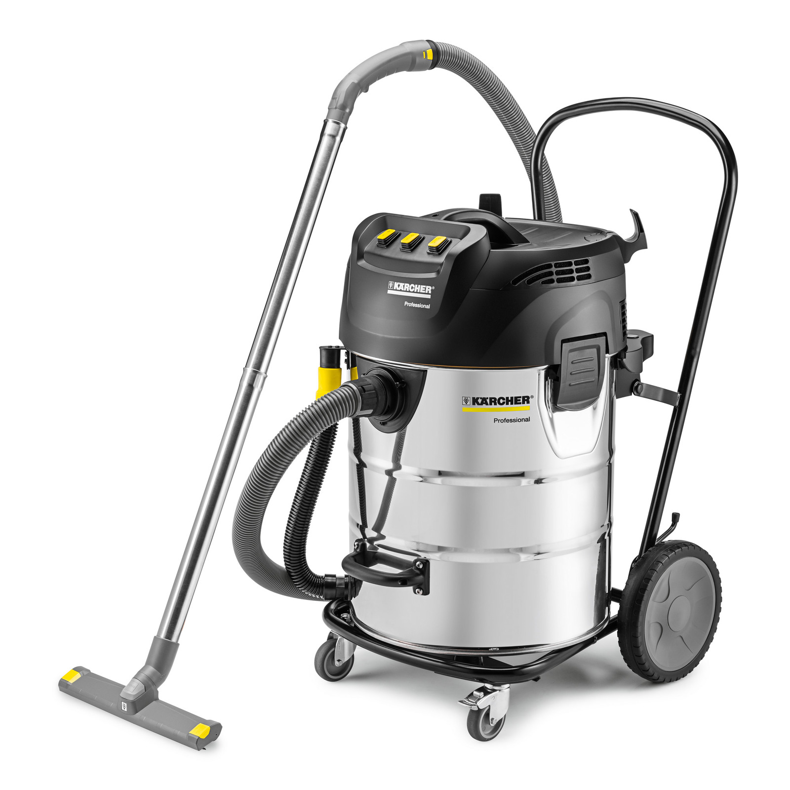 Kärcher professional wet and dry vacuum cleaner with a stainless steel body and large wheels, featuring a long hose and floor nozzle. Kärcher professional wet and dry vacuum cleaner with a stainless steel body and large wheels, featuring a long hose and floor nozzle.