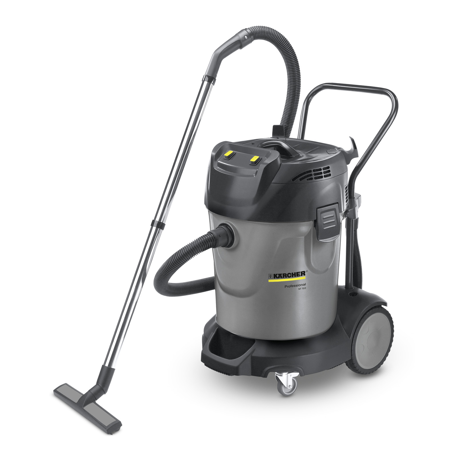 Kärcher wet and dry vacuum cleaner with a large grey body, black top, and attached hose and wand. Kärcher wet and dry vacuum cleaner with a large grey body, black top, and attached hose and wand.