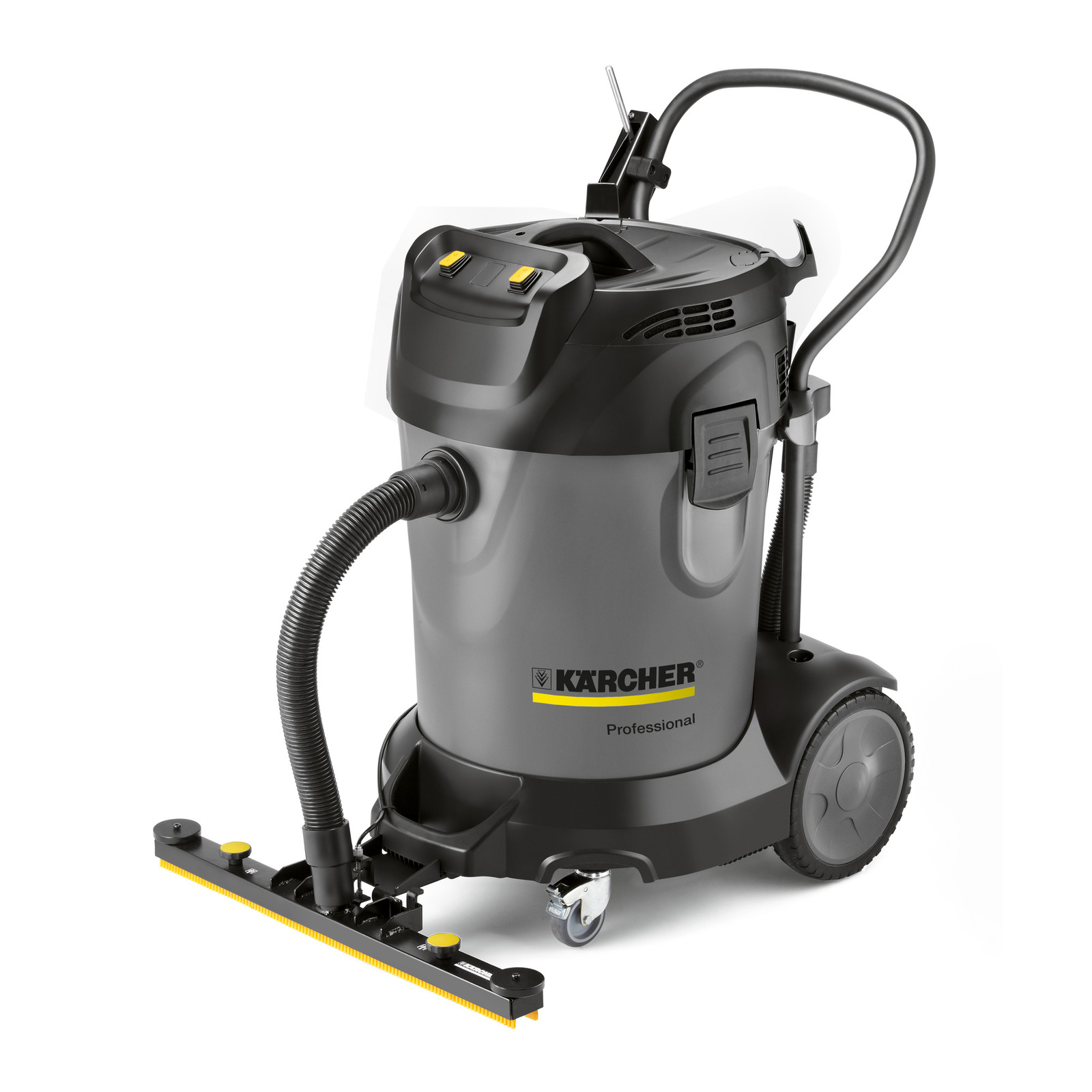 Kärcher professional wet and dry vacuum cleaner with wheels, hose, and floor nozzle attachment.