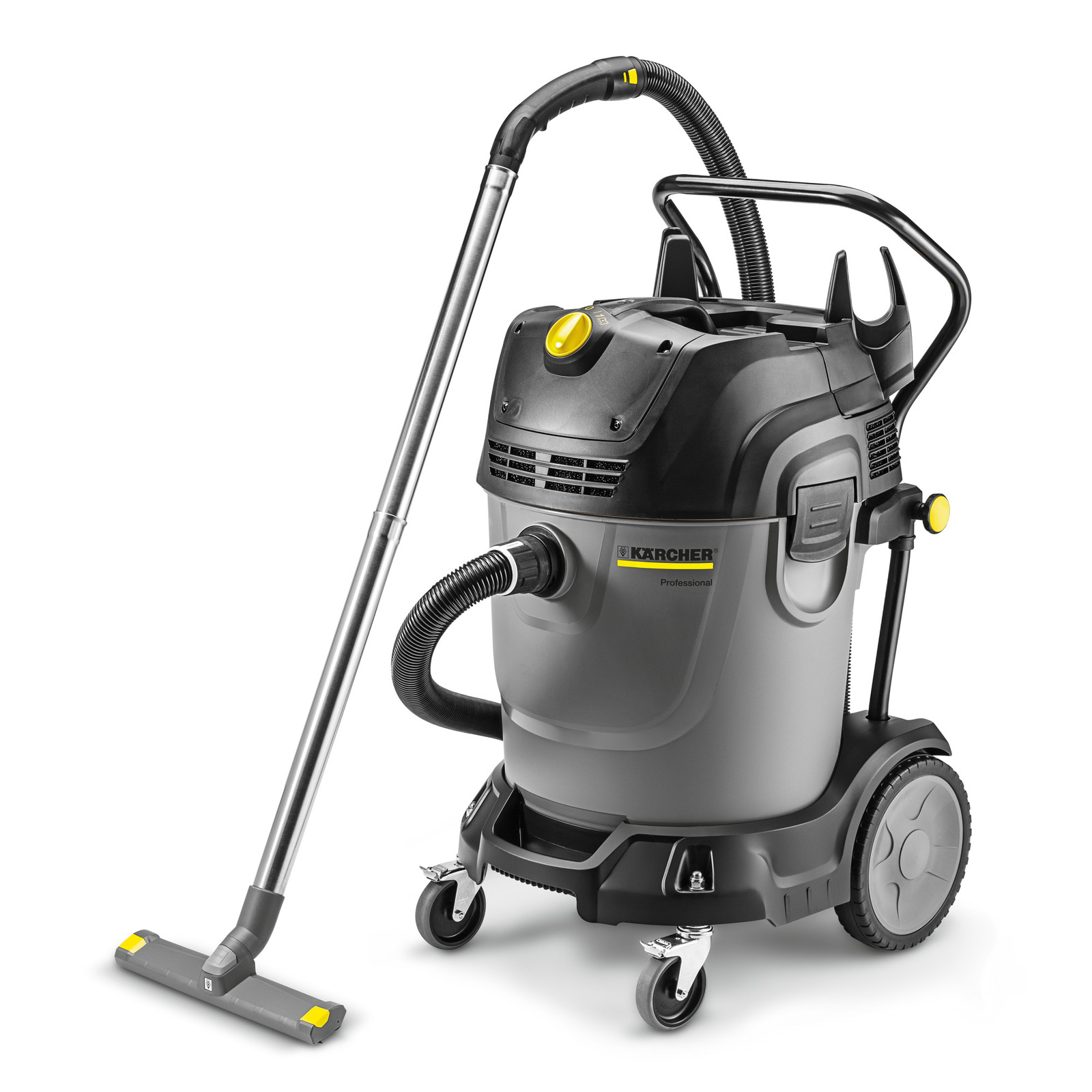 Kärcher wet and dry vacuum cleaner with grey body, black top, and yellow accents, featuring a hose and wand attachment. Kärcher wet and dry vacuum cleaner with grey body, black top, and yellow accents, featuring a hose and wand attachment.