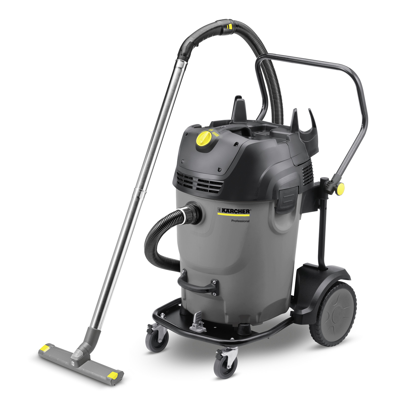 Kärcher professional vacuum cleaner with a grey body, black handle, and yellow accents, equipped with a long hose and floor nozzle.