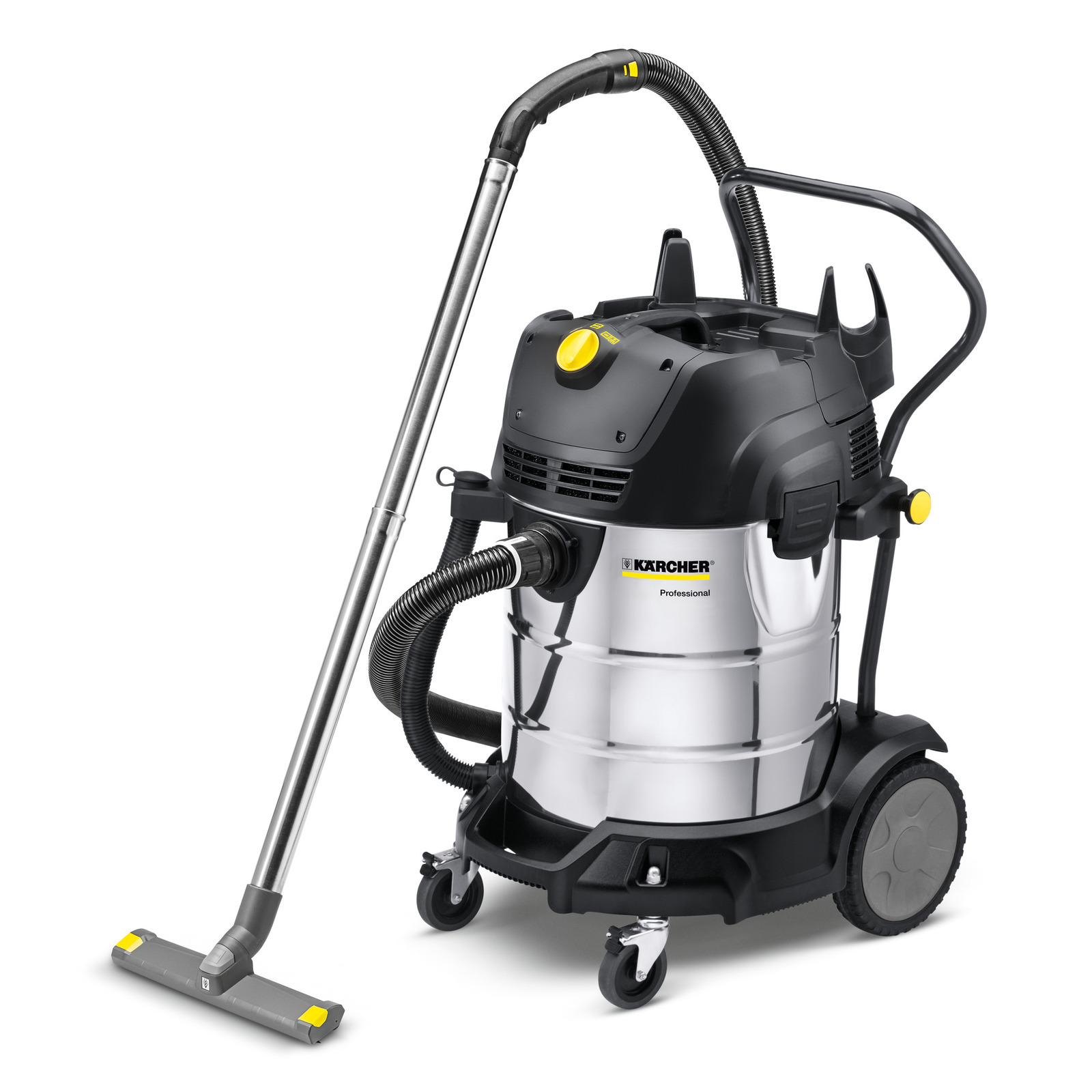 Kärcher professional wet and dry vacuum cleaner with a stainless steel body and attached hose, standing on wheels.