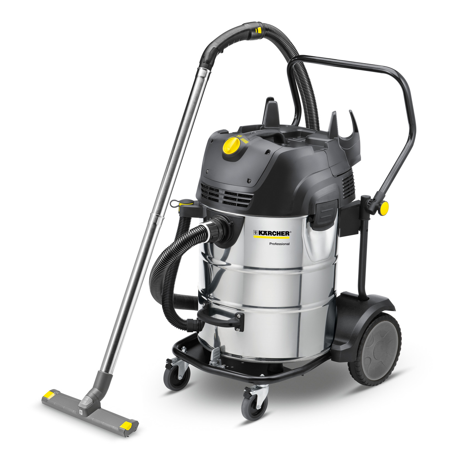 Aspirator Kärcher profesional, cu rezervor metalic, furtun negru și roți, pe fundal alb.