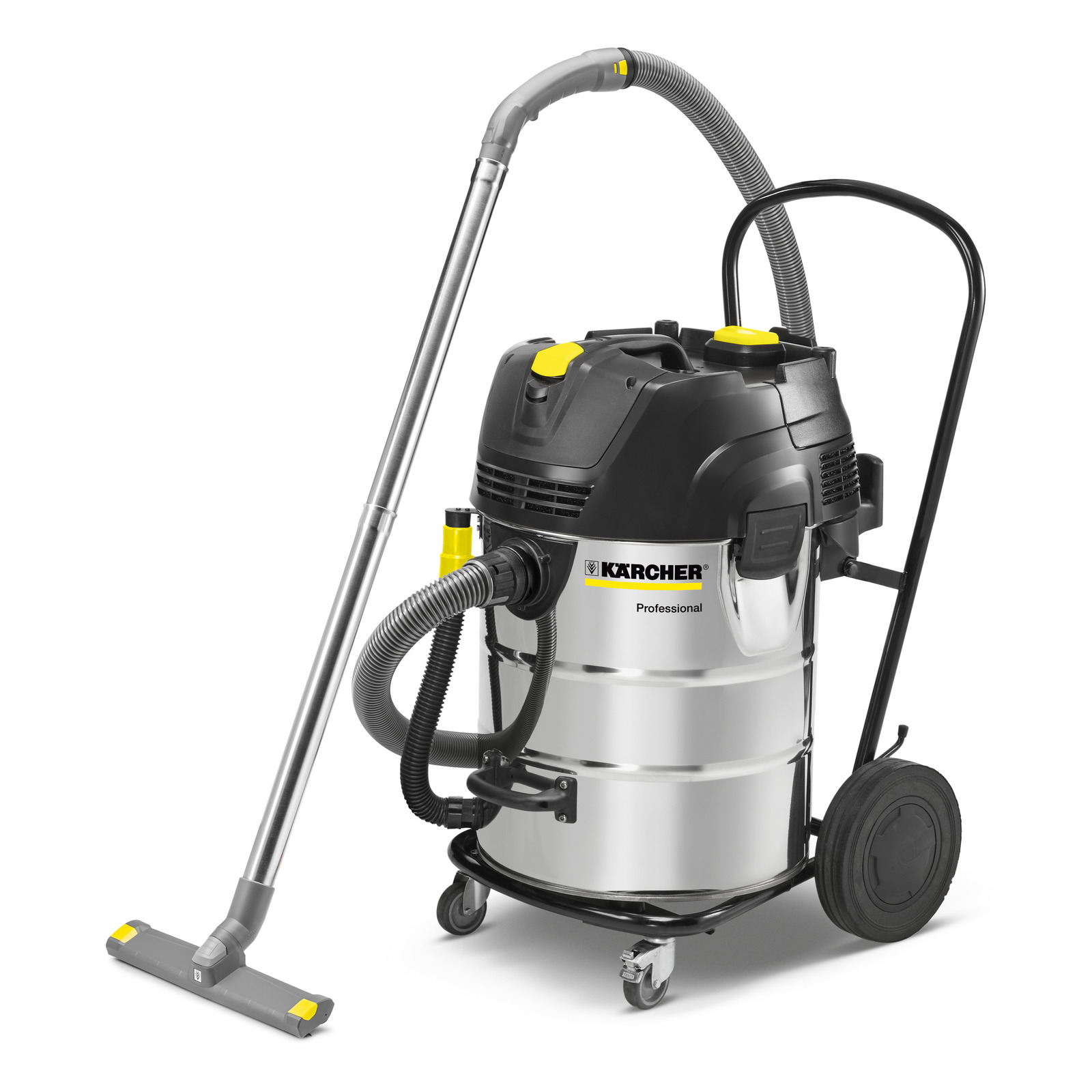 Kärcher professional wet and dry vacuum cleaner with stainless steel body, large wheels, and flexible hose. Kärcher professional wet and dry vacuum cleaner with stainless steel body, large wheels, and flexible hose.