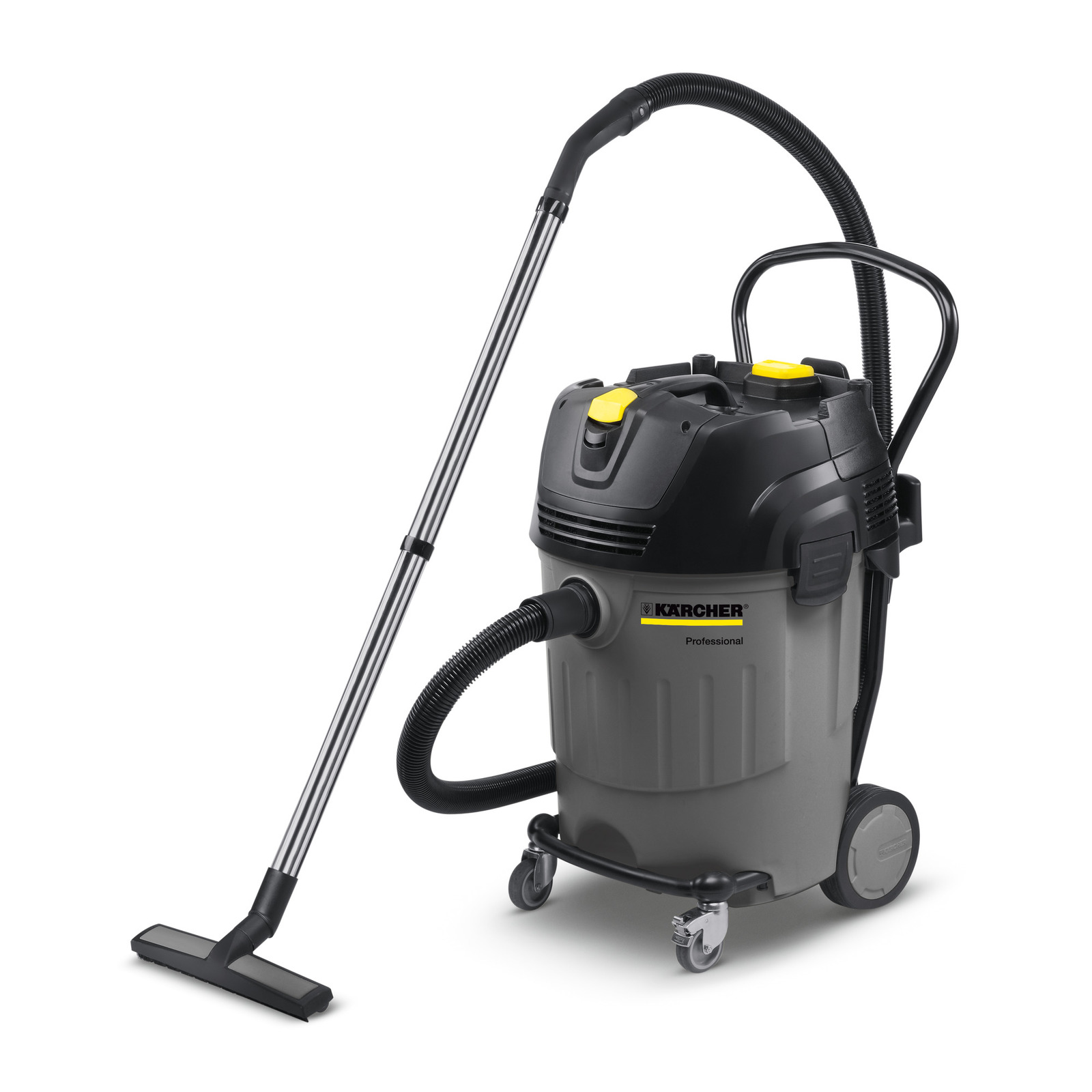 Kärcher professional wet and dry vacuum cleaner with hose and floor nozzle, featuring a grey and black design with yellow accents. Kärcher professional wet and dry vacuum cleaner with hose and floor nozzle, featuring a grey and black design with yellow accents.
