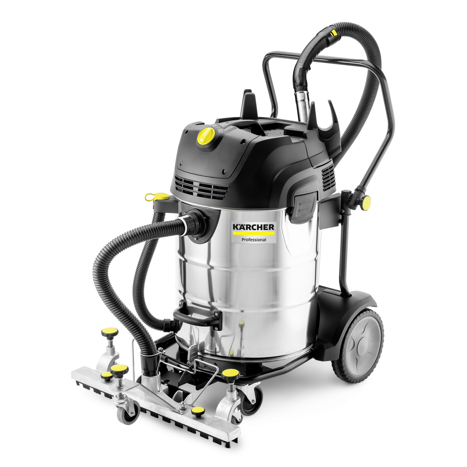 Aspirator Kärcher profesional cu rezervor metalic, furtun flexibil și roți mari pentru mobilitate. Aspirator Kärcher profesional cu rezervor metalic, furtun flexibil și roți mari pentru mobilitate.