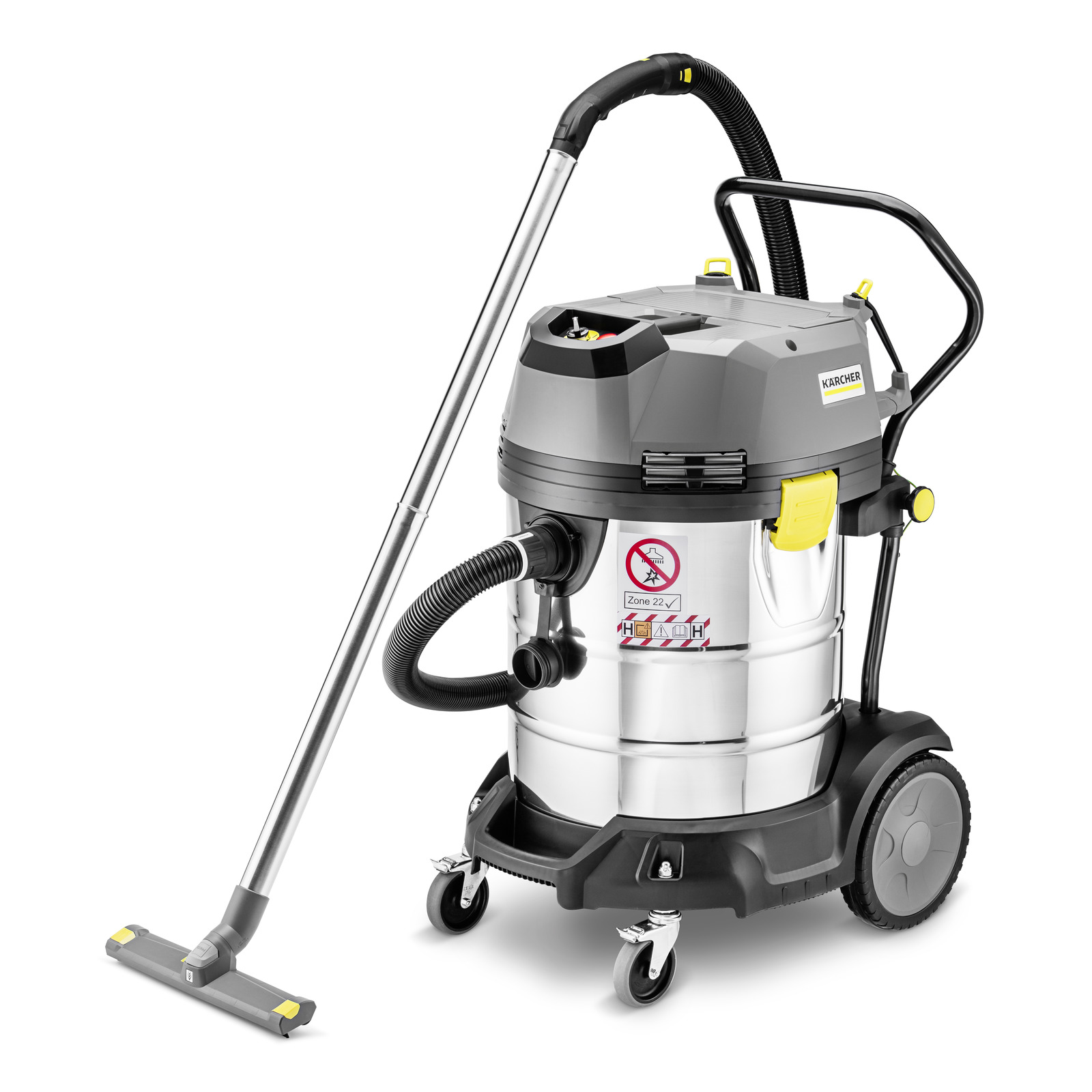 Kärcher industrial vacuum cleaner with a stainless steel body, black and yellow accents, and a long hose attachment. Kärcher industrial vacuum cleaner with a stainless steel body, black and yellow accents, and a long hose attachment.
