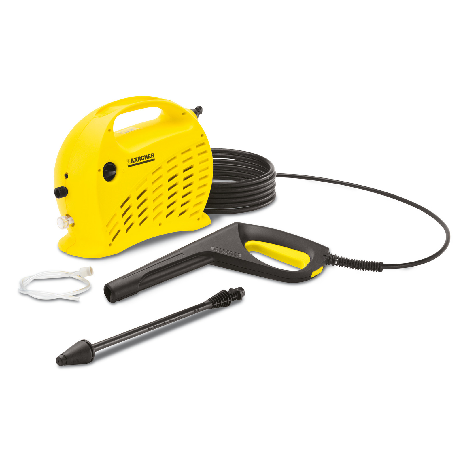 Yellow Kärcher high-pressure cleaner with black hose and spray gun, set on a white background. Yellow Kärcher high-pressure cleaner with black hose and spray gun, set on a white background.