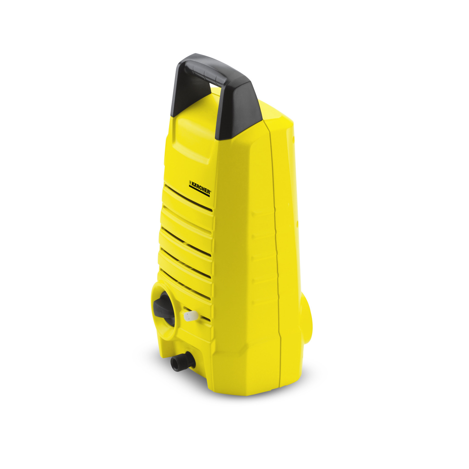 Yellow Kärcher high-pressure cleaner with black handle and hose connection, viewed from the side.