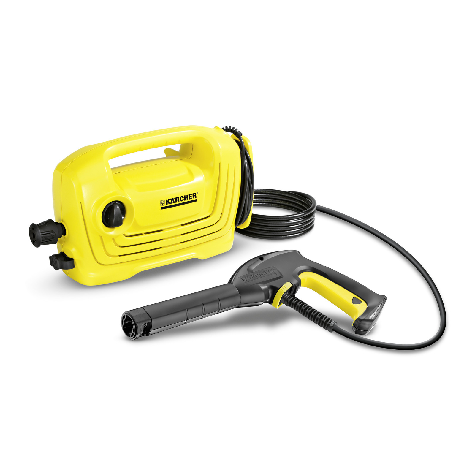 Yellow Kärcher high-pressure cleaner with black hose and trigger gun, isolated on white background.