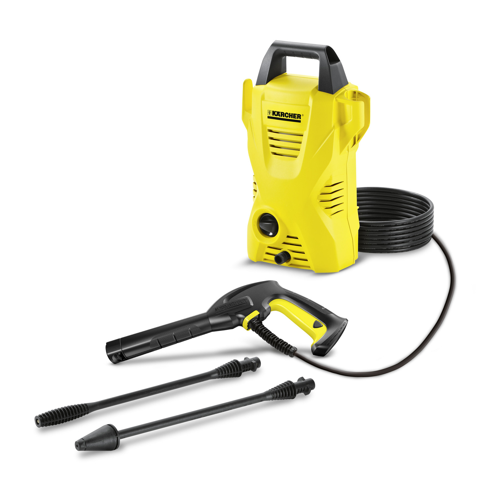 Yellow Kärcher high-pressure cleaner with hose, spray gun, and two lance attachments on a white background. Yellow Kärcher high-pressure cleaner with hose, spray gun, and two lance attachments on a white background.