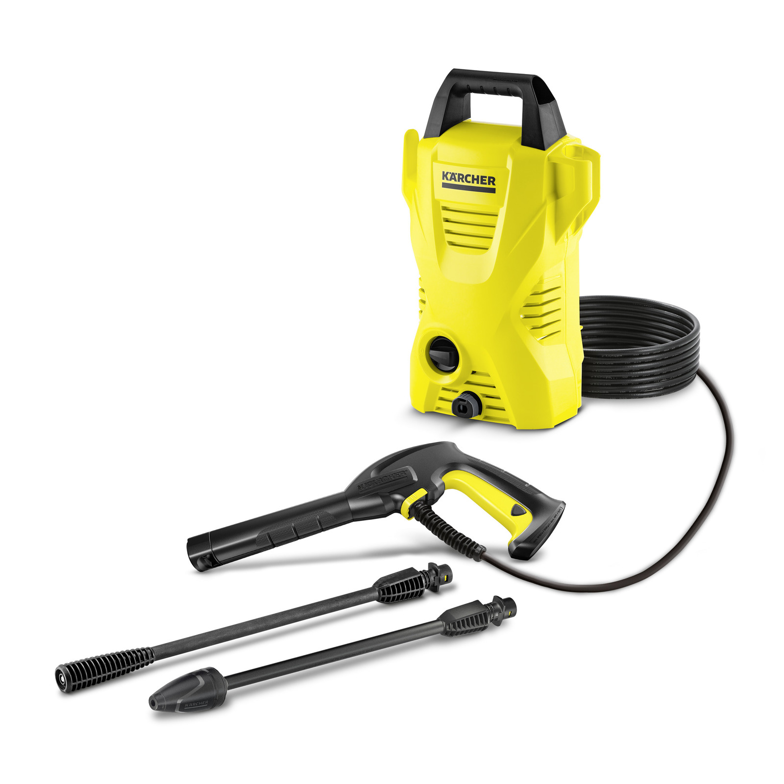 Aspirator Kärcher de înaltă presiune galben, cu mâner negru, furtun și două accesorii de pulverizare. Aspirator Kärcher de înaltă presiune galben, cu mâner negru, furtun și două accesorii de pulverizare.