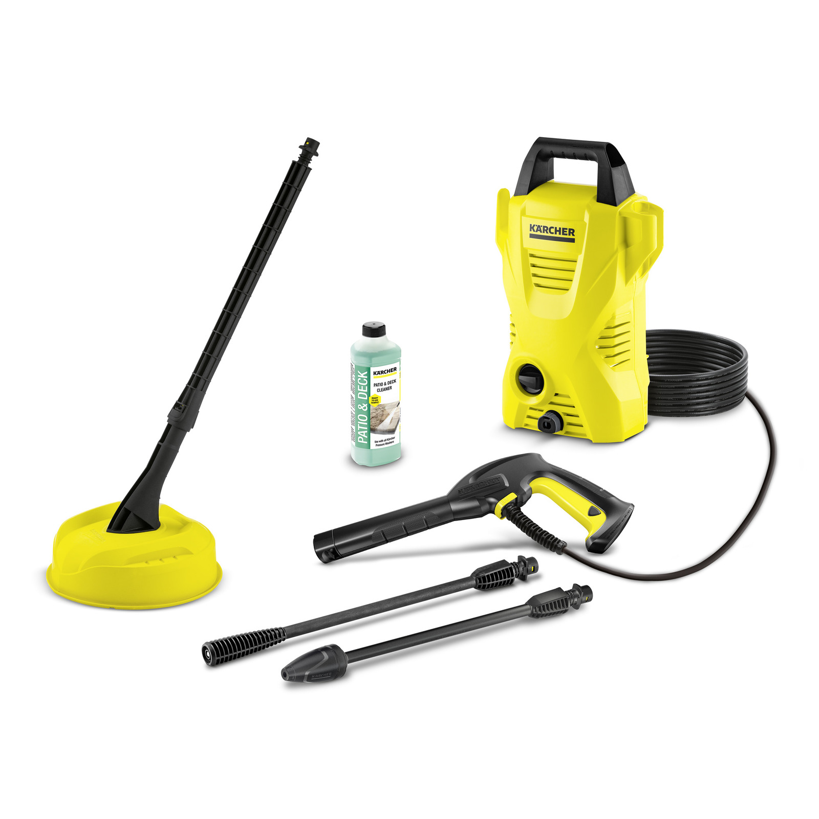 Kärcher high-pressure cleaner set with patio cleaner attachment, spray gun, extension wands, and patio & deck cleaner bottle.