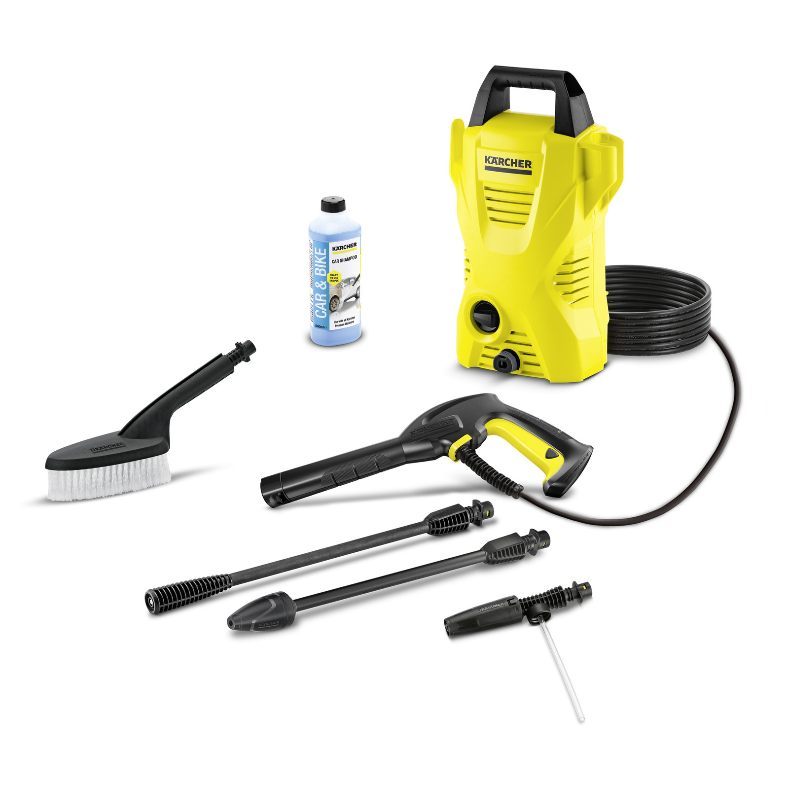 Kärcher high-pressure cleaner set with accessories: brush, car shampoo, spray gun, extension wands, and hose. Kärcher high-pressure cleaner set with accessories: brush, car shampoo, spray gun, extension wands, and hose.