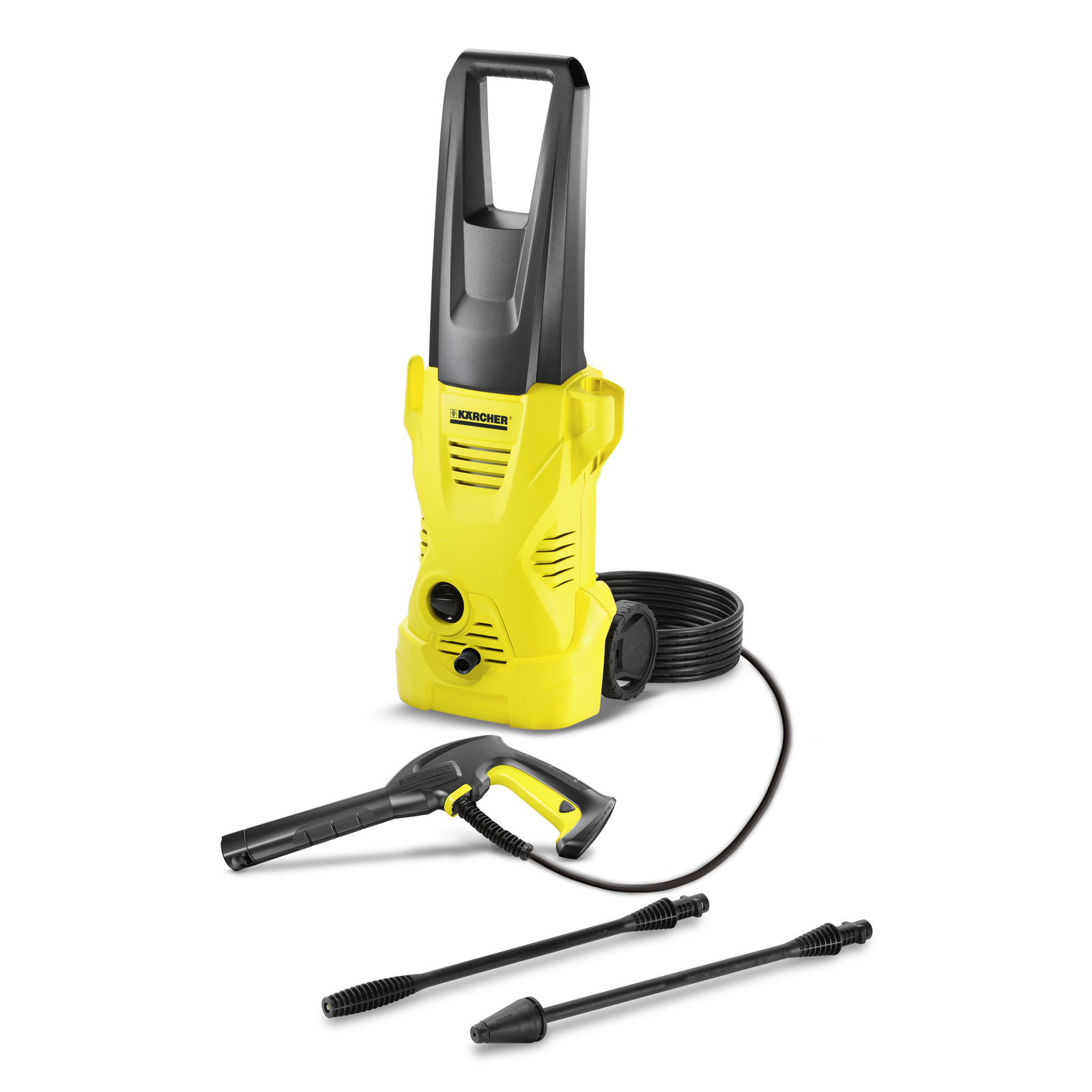 Yellow Kärcher high-pressure cleaner with hose, spray gun, and two extension wands on a white background.