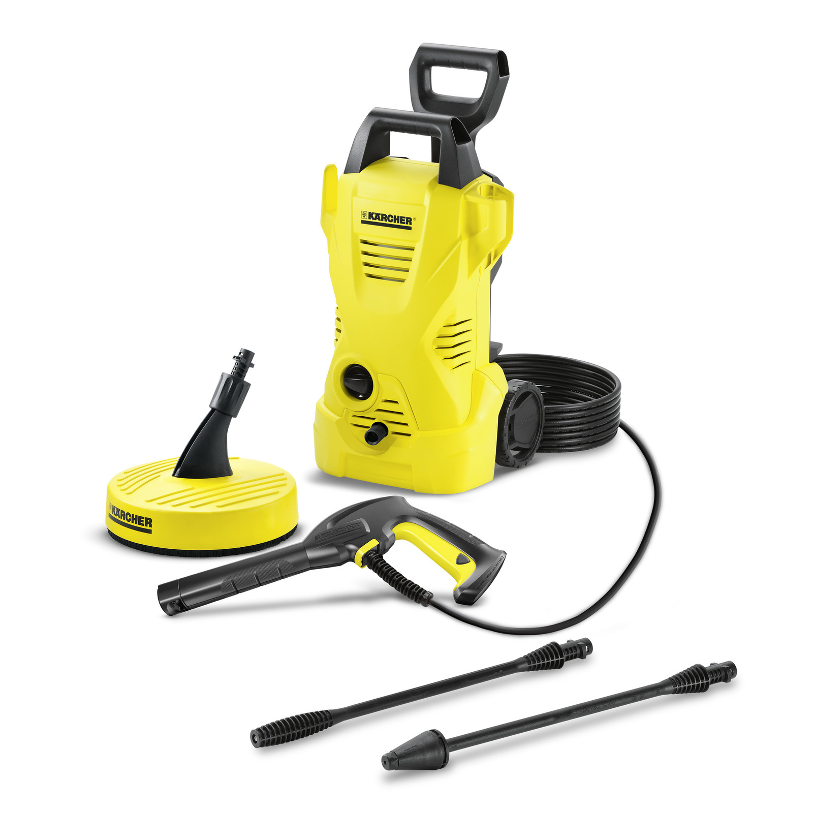 Yellow Kärcher high-pressure cleaner with hose, spray gun, surface cleaner, and two lance attachments on white background.