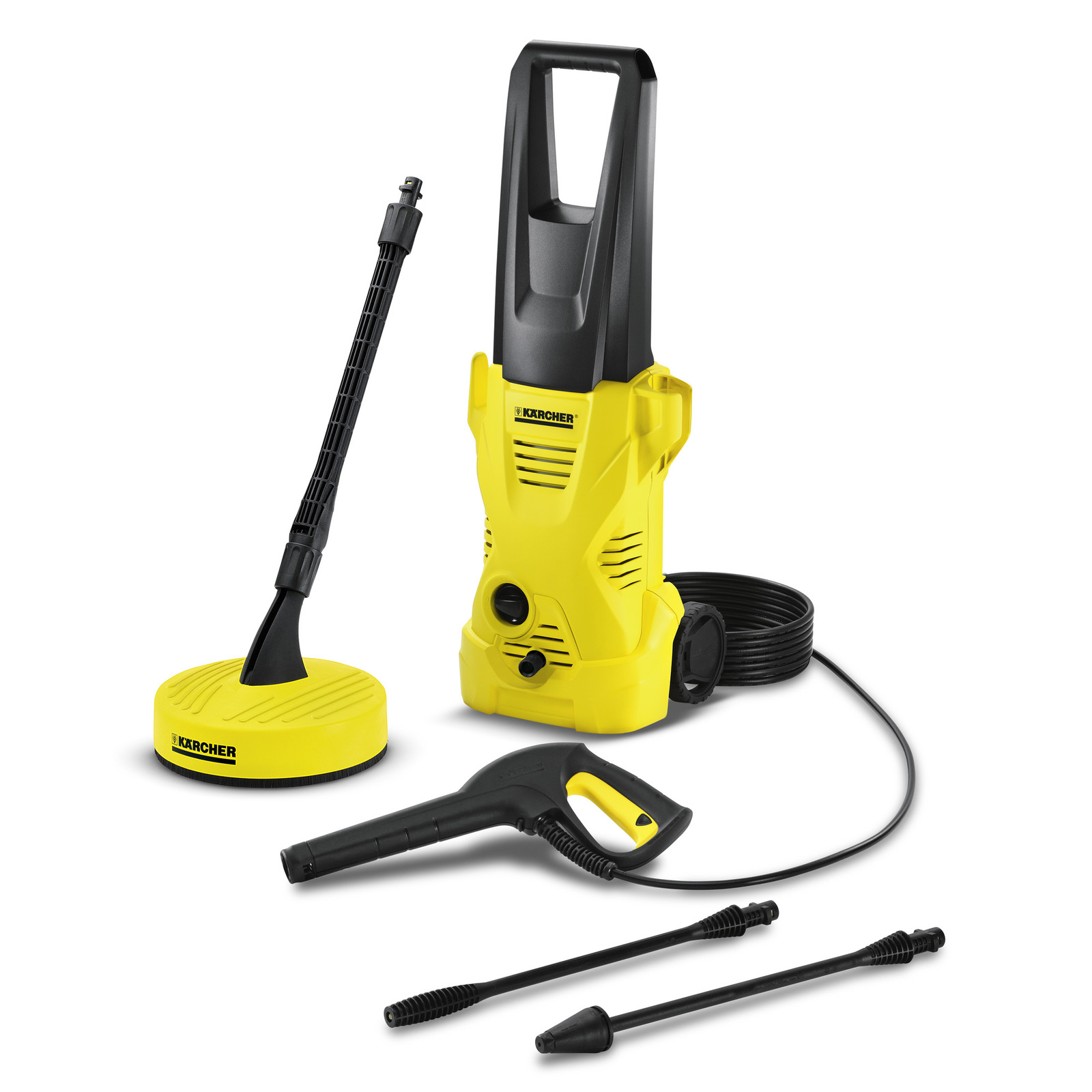 Kärcher high-pressure cleaner with attachments including a spray gun, hose, and surface cleaner, all in yellow and black.