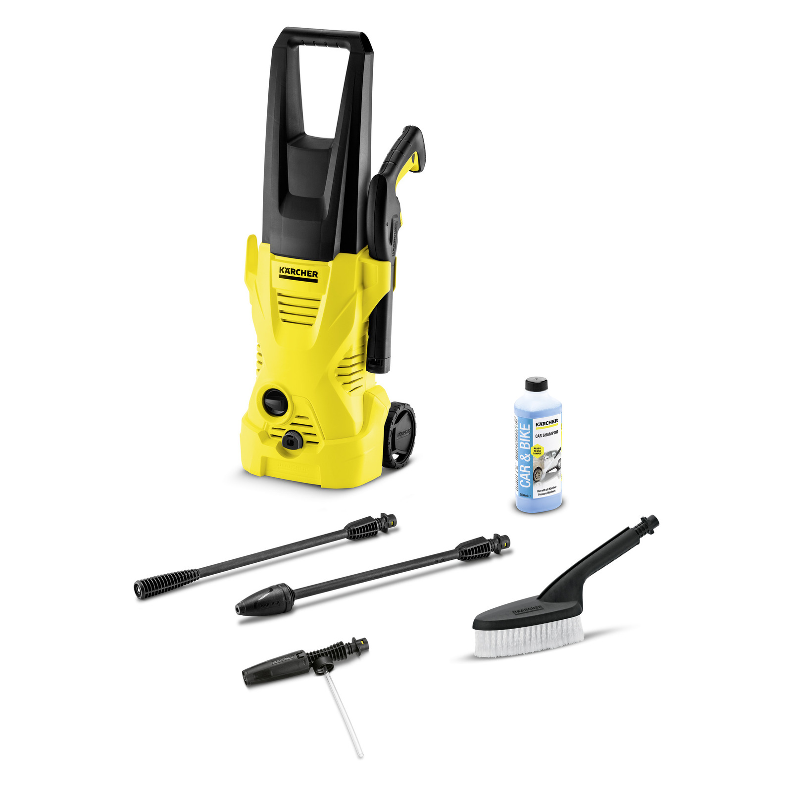 Aspirator Kärcher de înaltă presiune galben, cu accesorii: lance, perie și detergent auto.