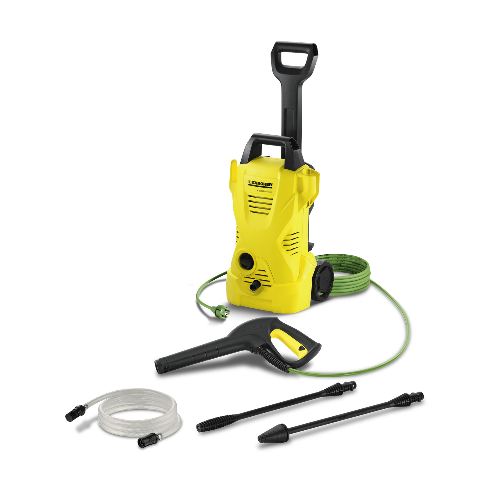 Yellow Kärcher high-pressure cleaner with handle, hose, spray gun, and two nozzles on a white background. Yellow Kärcher high-pressure cleaner with handle, hose, spray gun, and two nozzles on a white background.