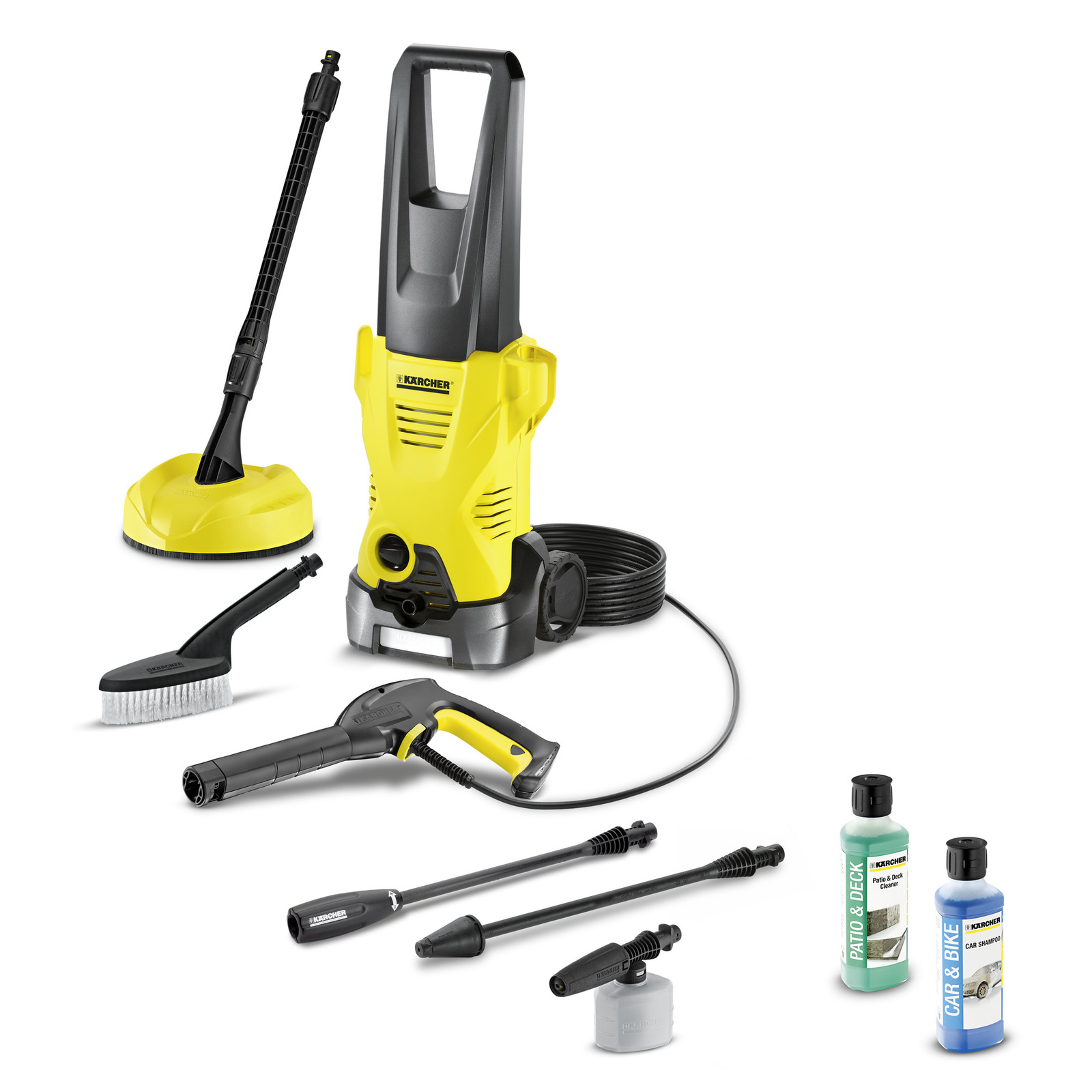 Kärcher high-pressure cleaner with accessories, including brushes, nozzles, and cleaning solutions for patio and car.