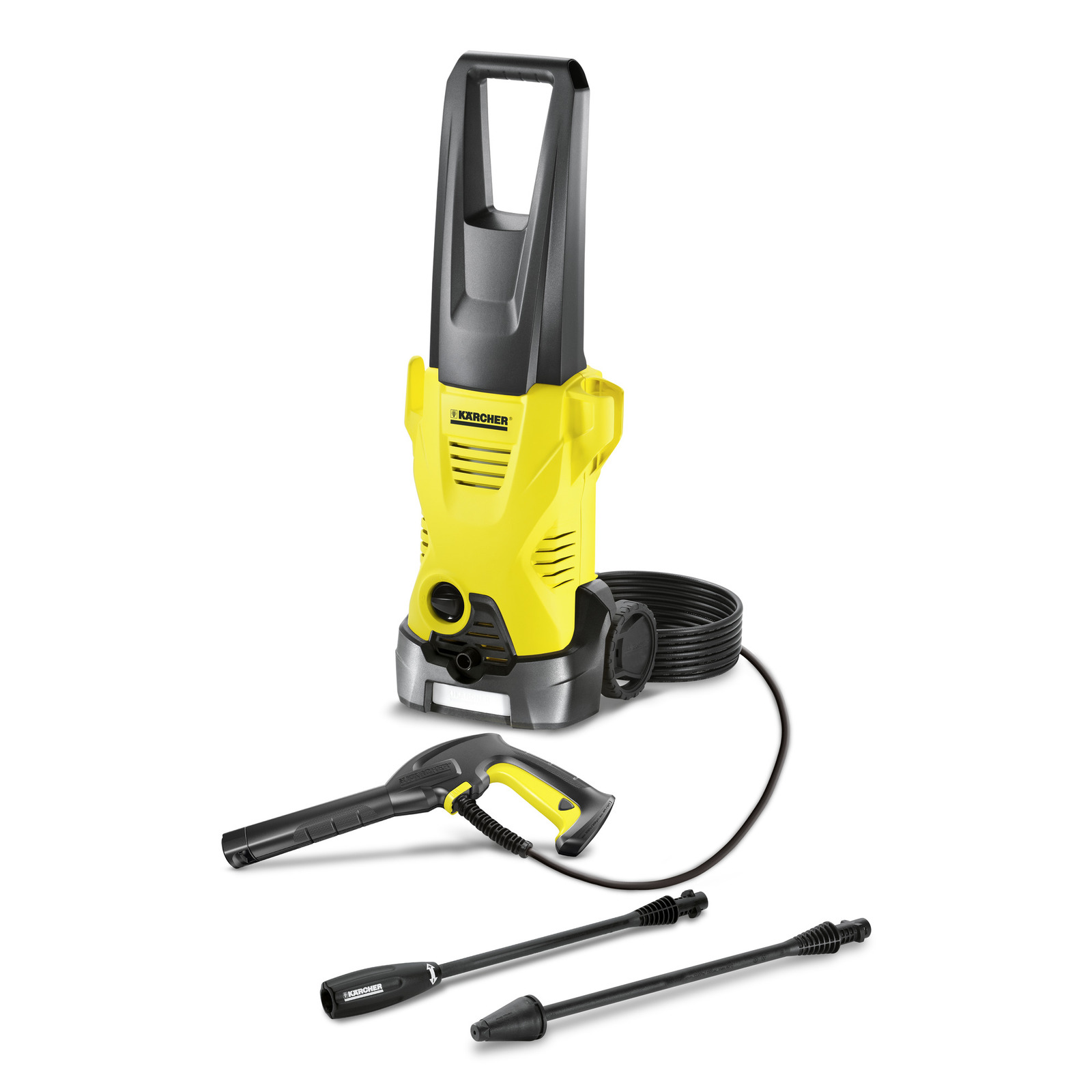 Aspirator Kärcher de înaltă presiune galben cu accesorii, inclusiv lance și pistol, pe fundal alb.