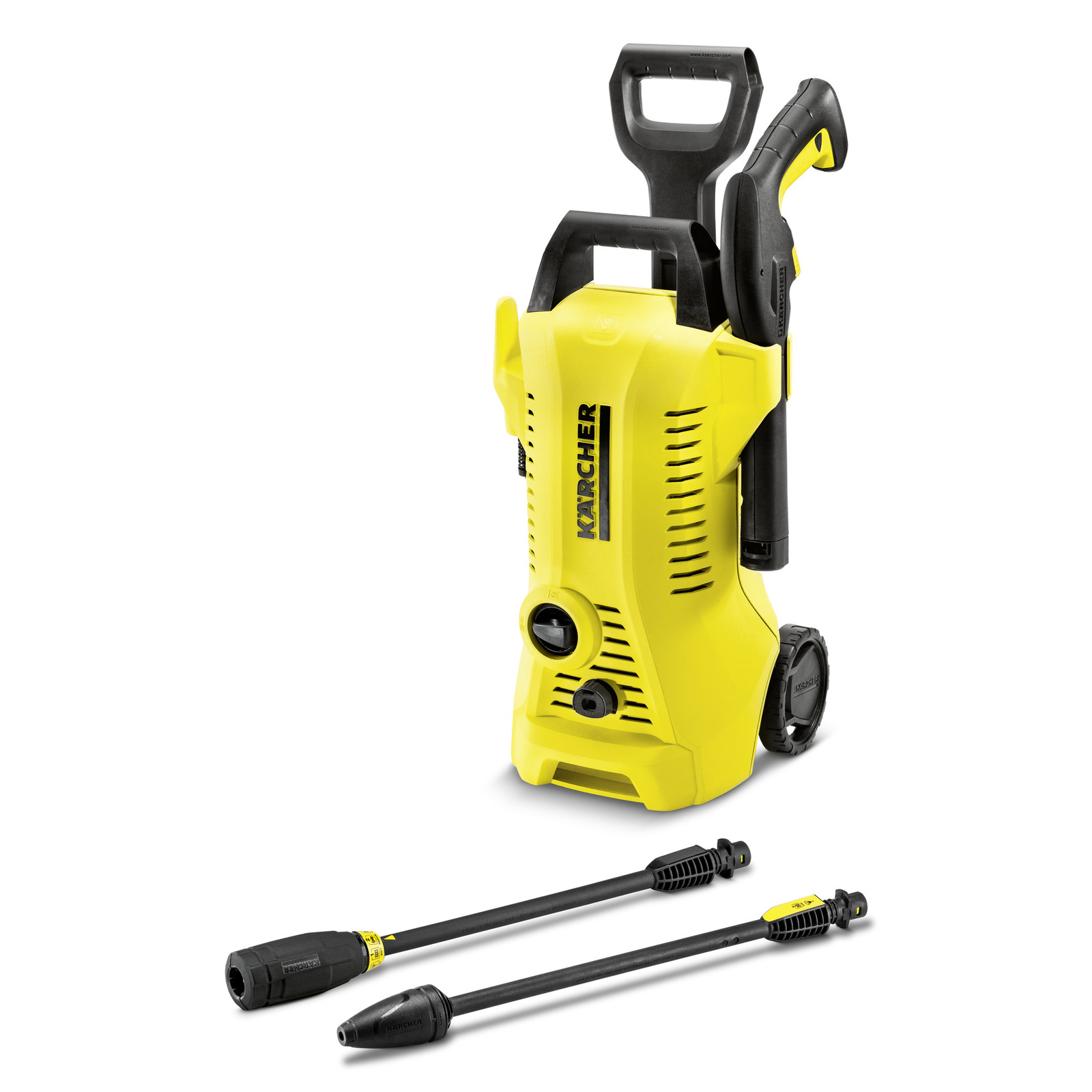 Yellow Kärcher high-pressure cleaner with two black spray lances, featuring wheels and a handle for portability.