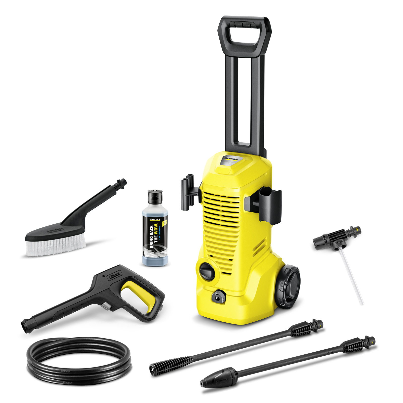 Kärcher high-pressure cleaner with accessories: brush, detergent bottle, spray gun, hose, and two nozzles on a white background.