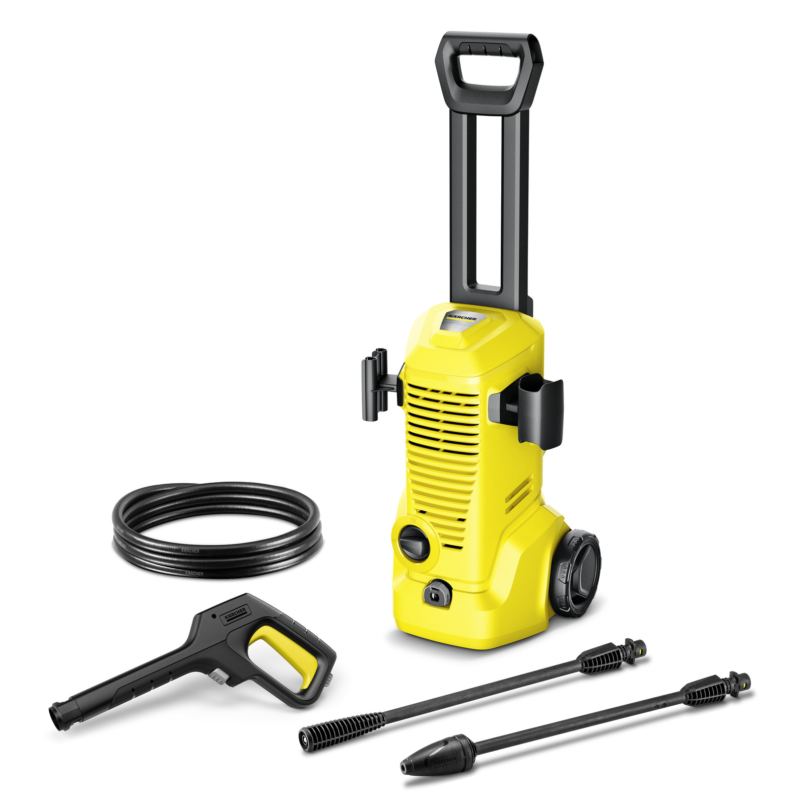 Yellow Kärcher high-pressure cleaner with hose, spray gun, and two lance attachments on a white background.