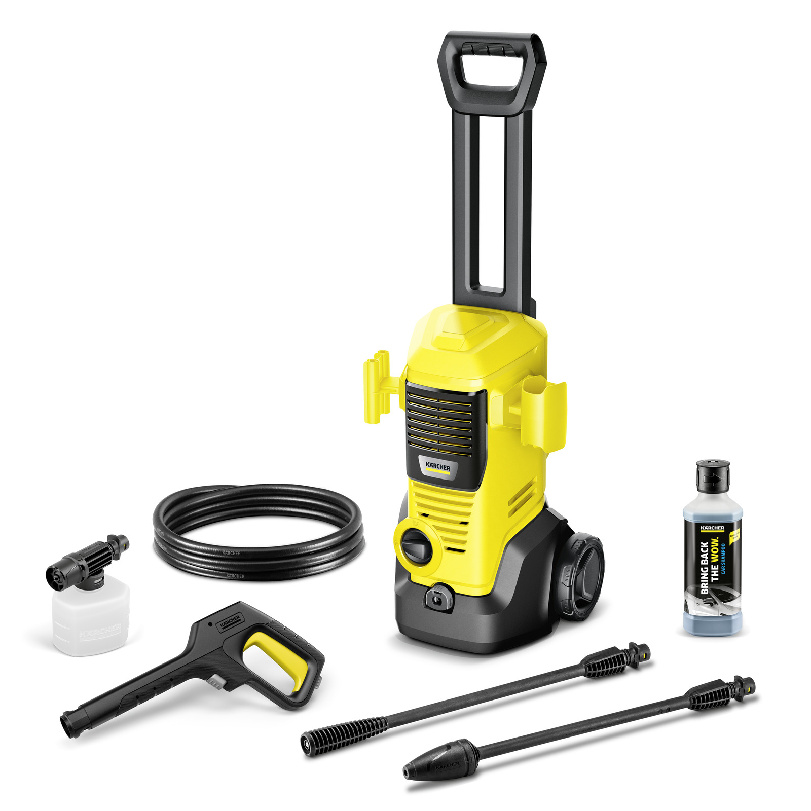 Aspirator Kärcher de înaltă presiune galben, cu accesorii: furtun, pistol, lance și detergent.