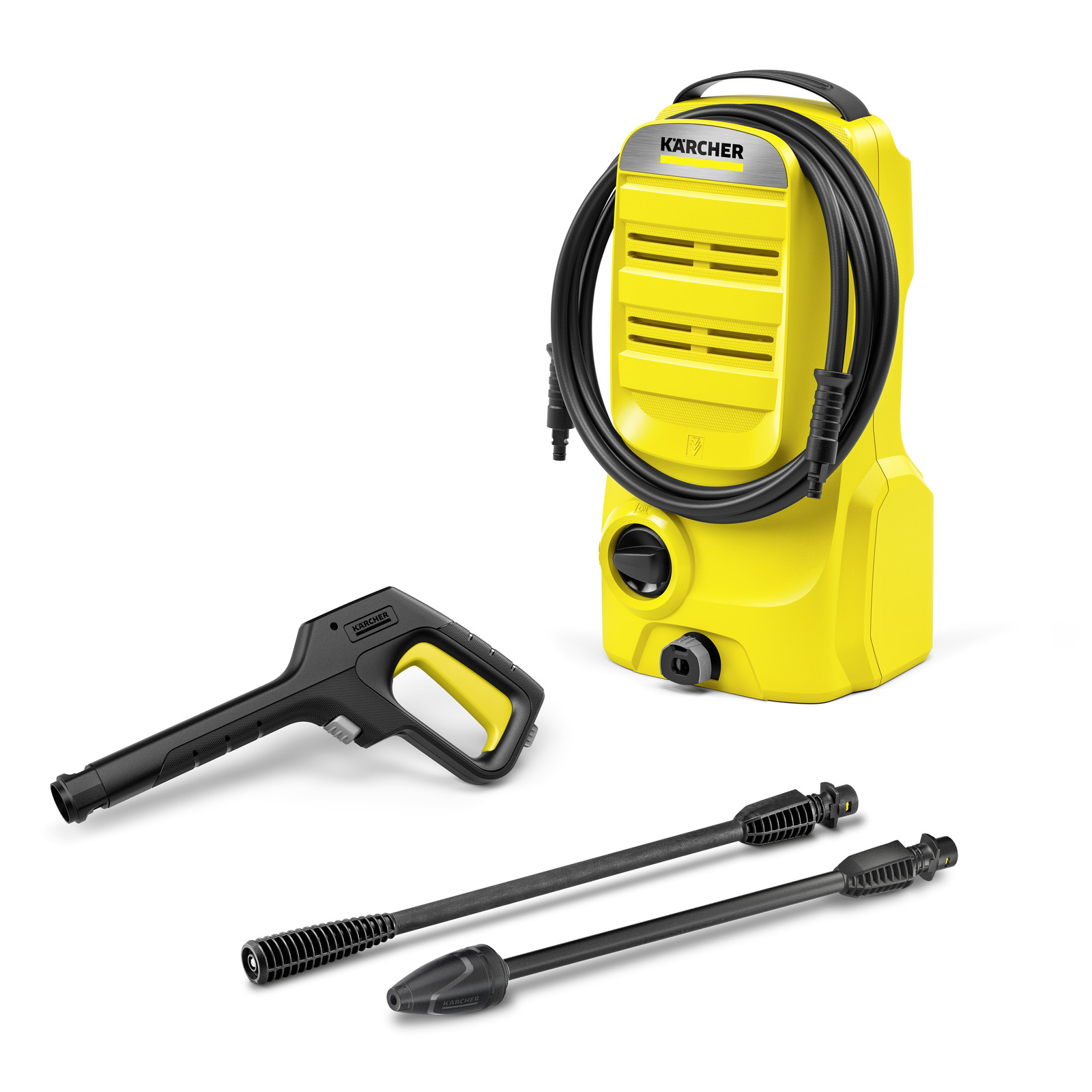 Yellow Kärcher high-pressure cleaner with hose, spray gun, and two lance attachments on a white background.
