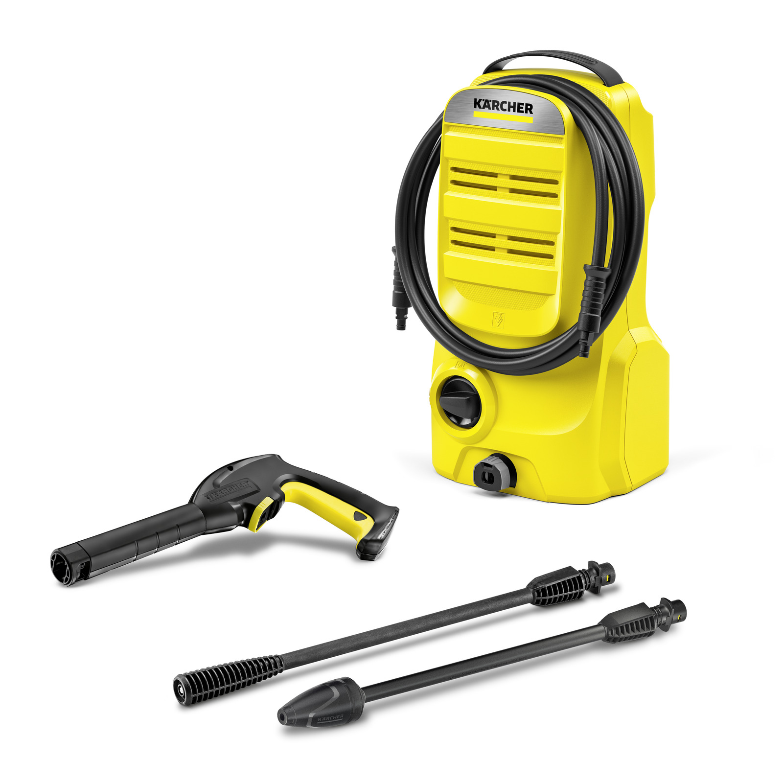Yellow Kärcher high-pressure cleaner with hose, spray gun, and two lance attachments on a white background.