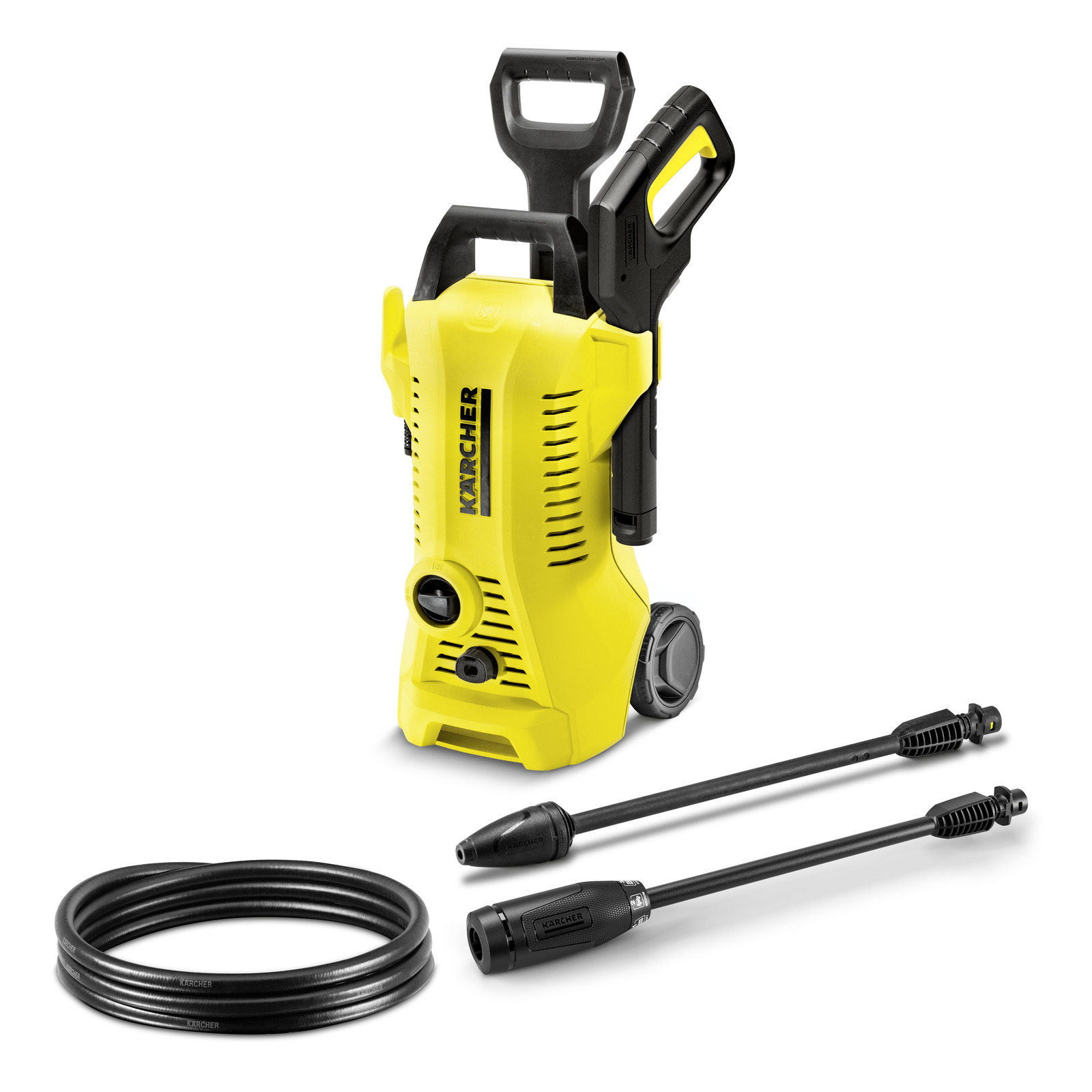Yellow Kärcher high-pressure cleaner with handle, wheels, and two black spray lances alongside a coiled hose.