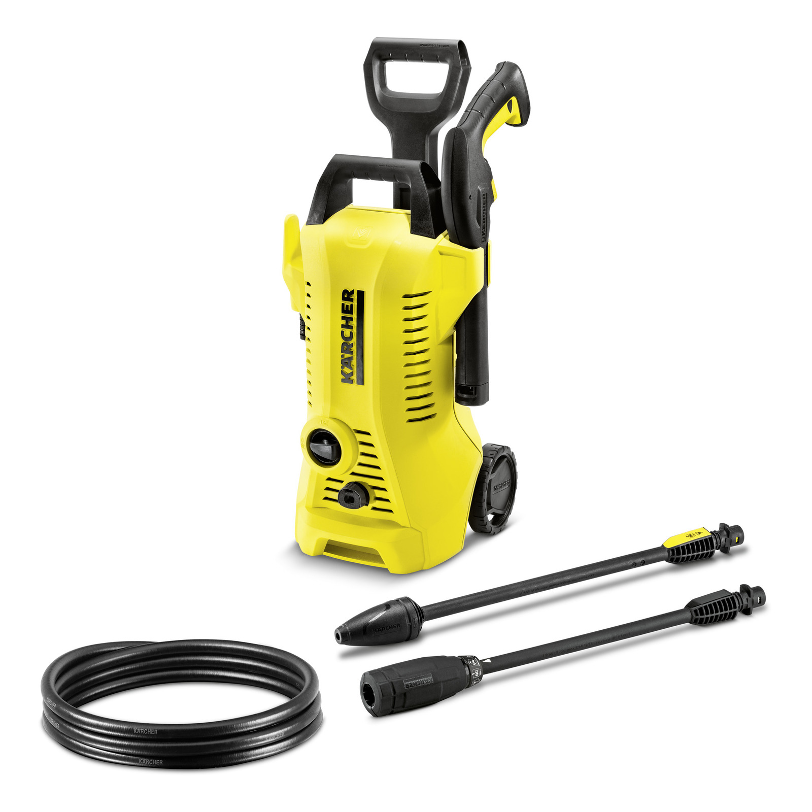 Yellow Kärcher high-pressure cleaner with hose and two spray lances on a white background. Yellow Kärcher high-pressure cleaner with hose and two spray lances on a white background.