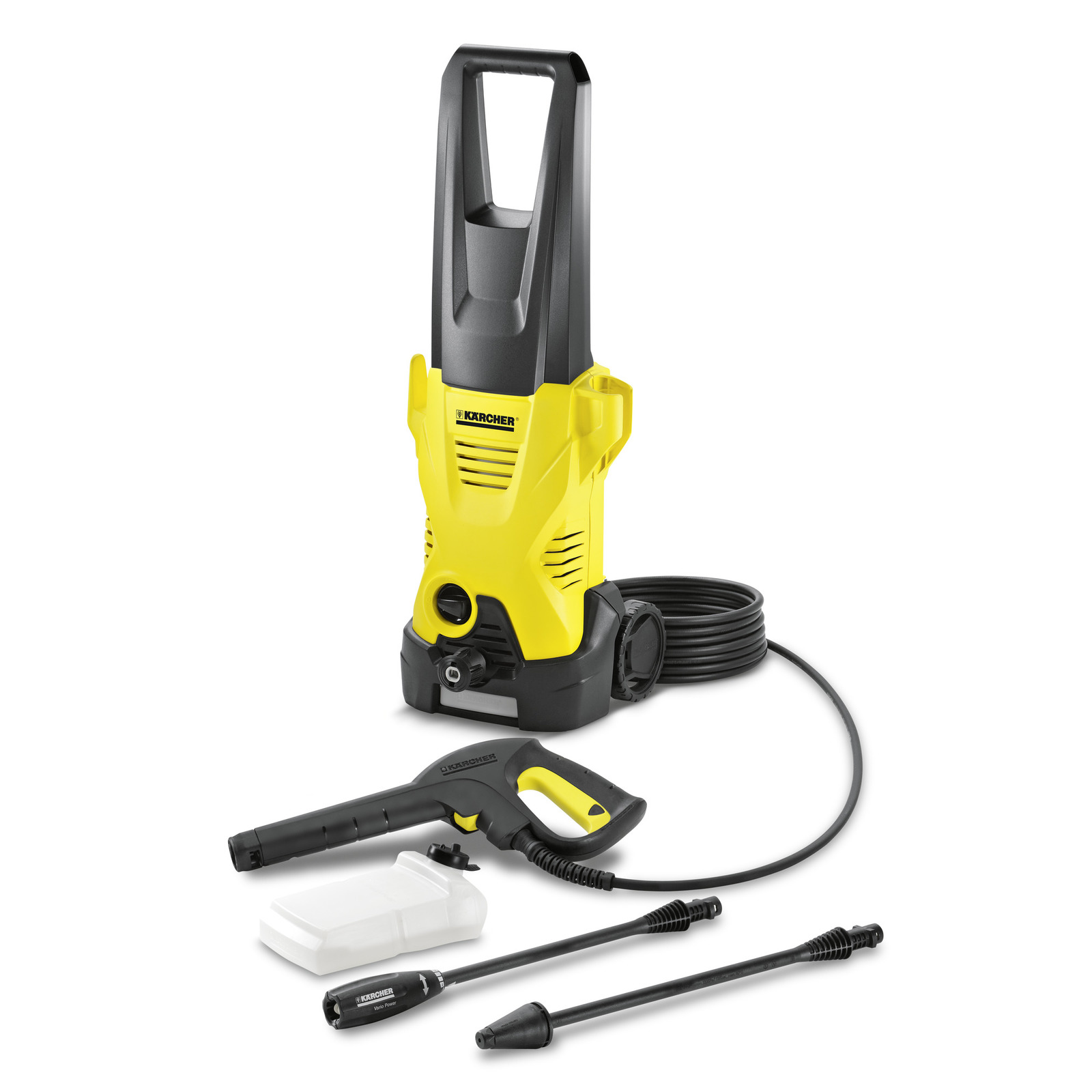 Kärcher high-pressure cleaner with accessories including spray gun, detergent bottle, and extension wands on a white background.