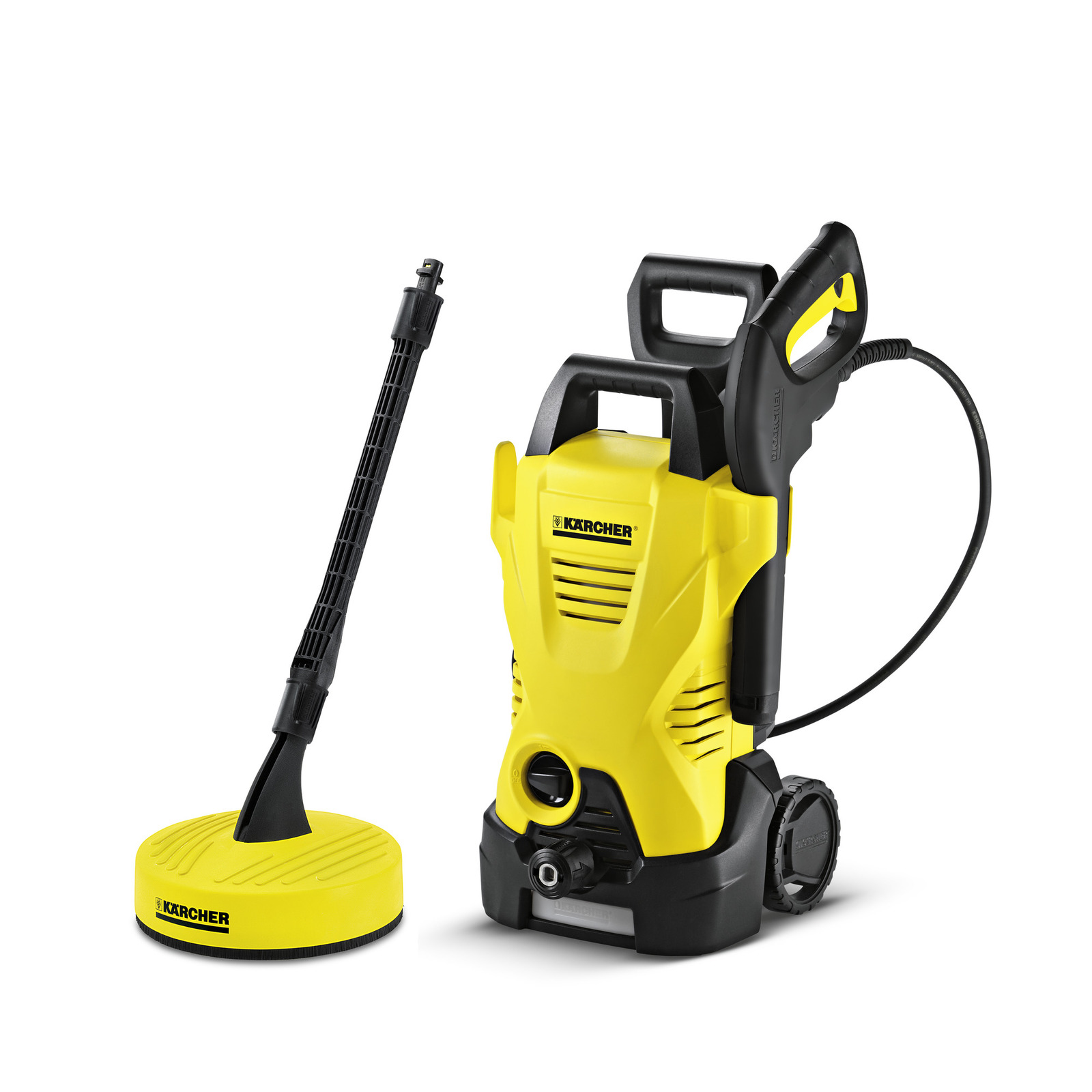 Yellow Kärcher high-pressure cleaner with a black handle and hose, accompanied by a circular surface cleaner attachment.