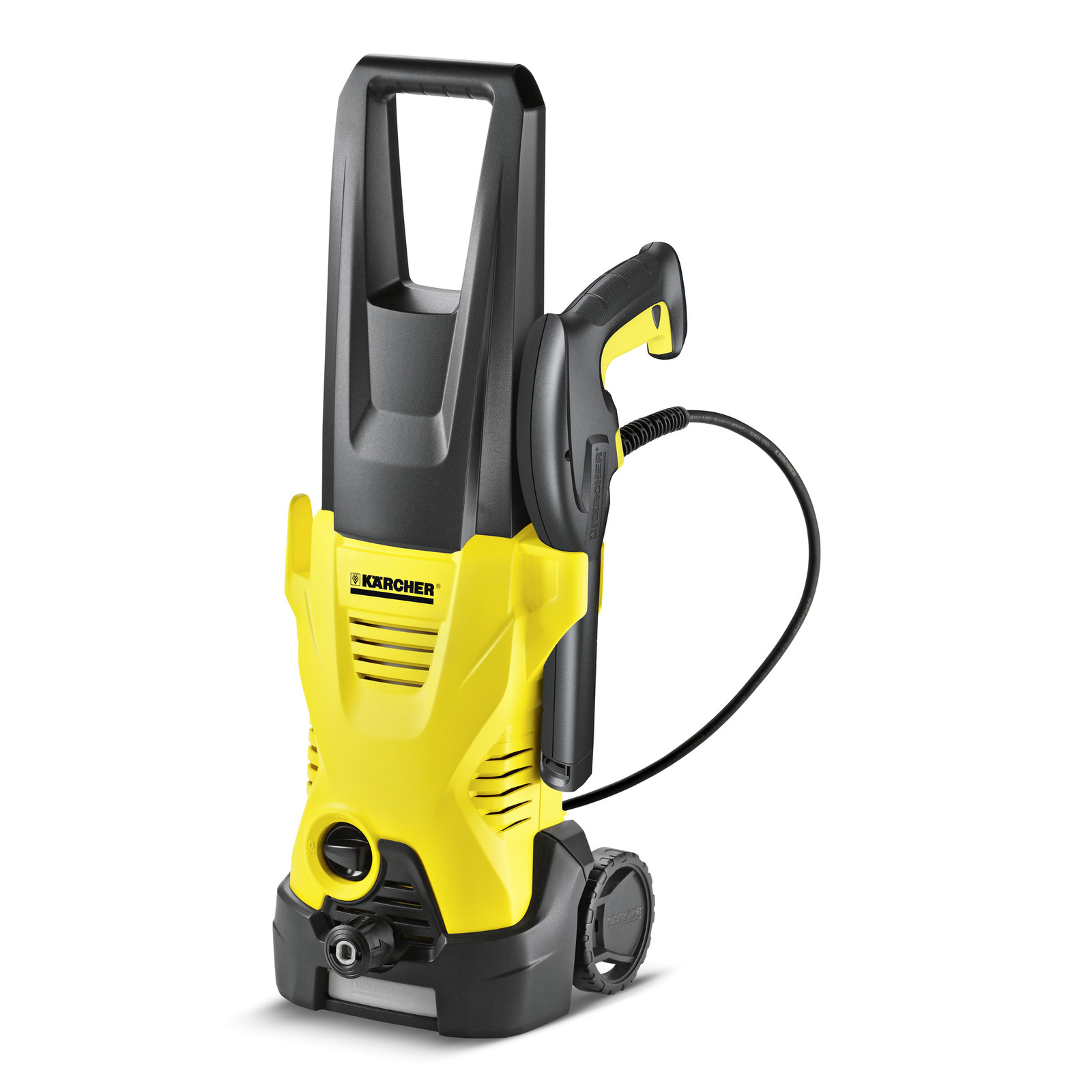 Yellow Kärcher high-pressure cleaner with black handle and wheels, featuring a hose and trigger gun attachment. Yellow Kärcher high-pressure cleaner with black handle and wheels, featuring a hose and trigger gun attachment.